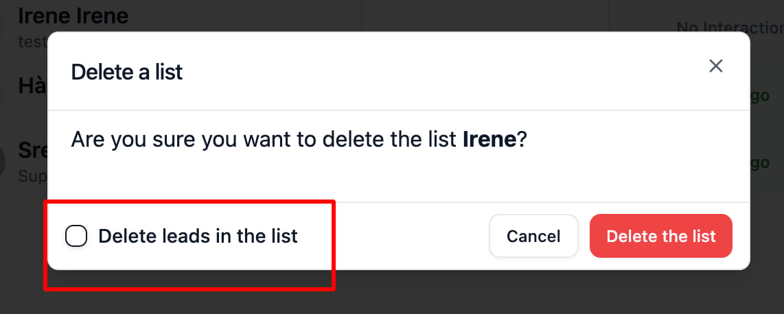 What happens if I remove a lead from a list—are they deleted completely? screenshot 1