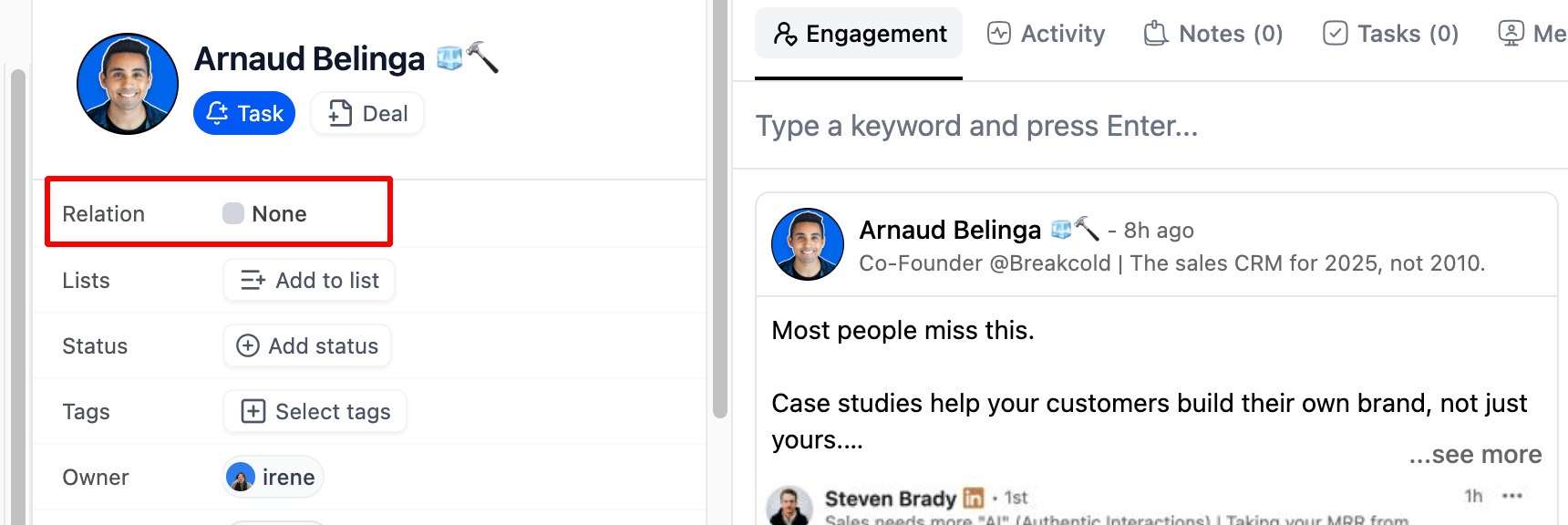 What is the relation field for in the lead profile page? screenshot 1