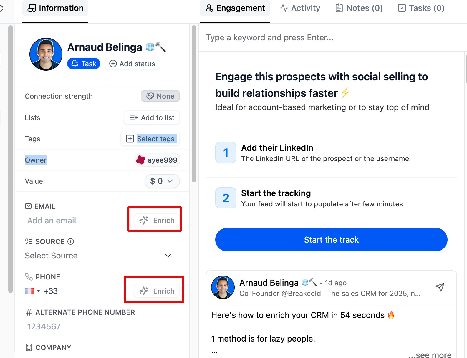 How do I enrich a lead in Breakcold? screenshot 1