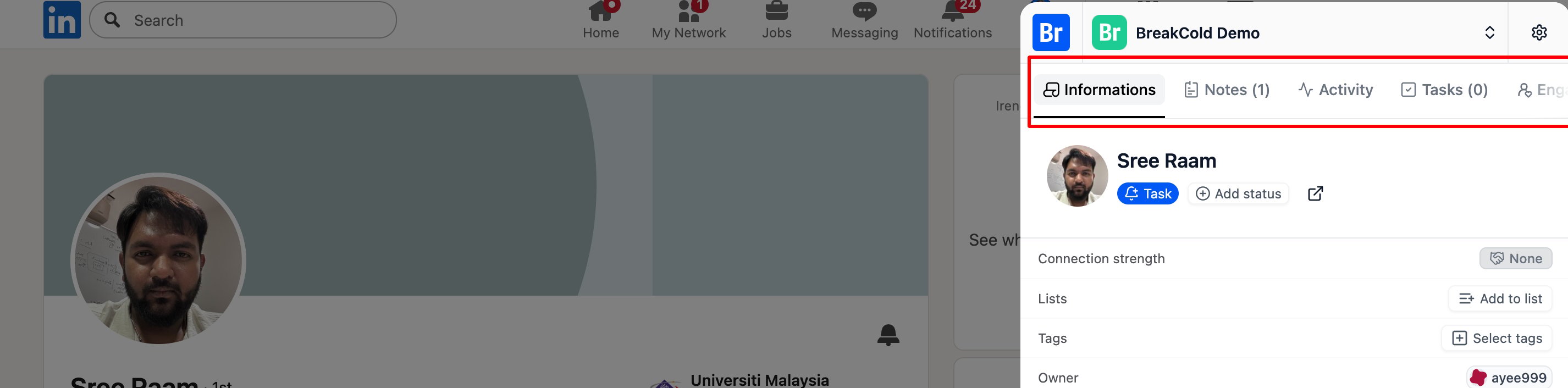 How Do I View Lead Details, Notes, Activity, Tasks, and Track LinkedIn Posts in the Breakcold Chrome Extension? screenshot 1
