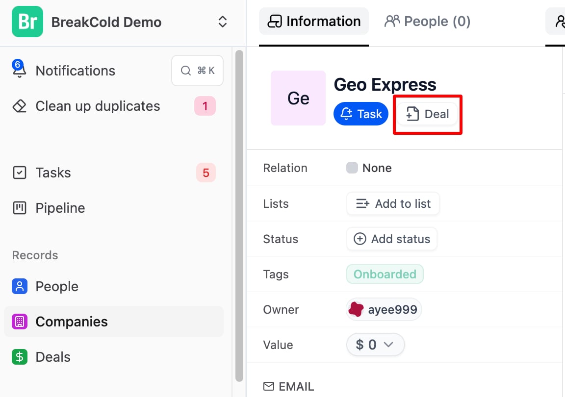 How to Add a Deal in Breakcold screenshot 2