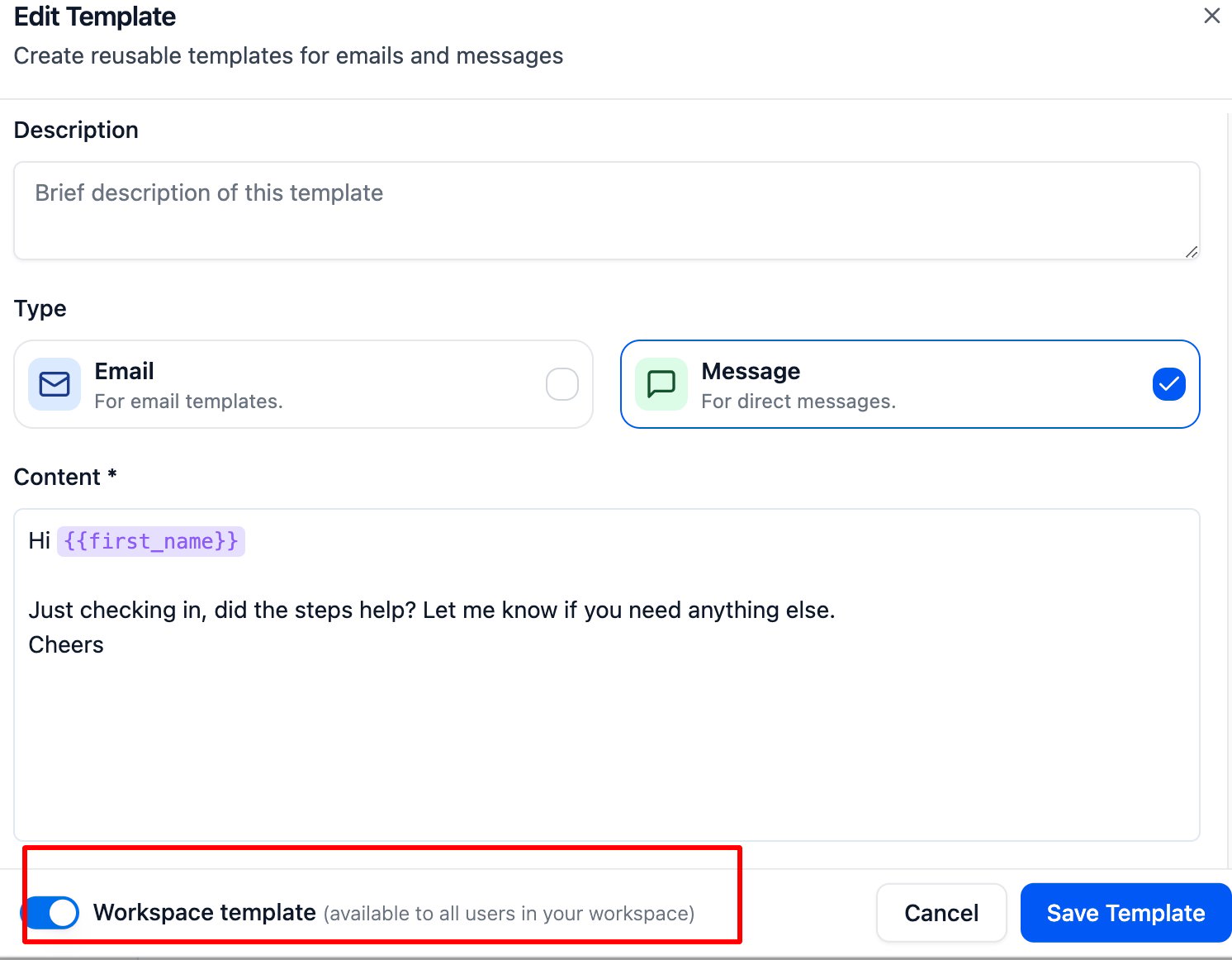 Can I make the template available to all workspaces? screenshot 1