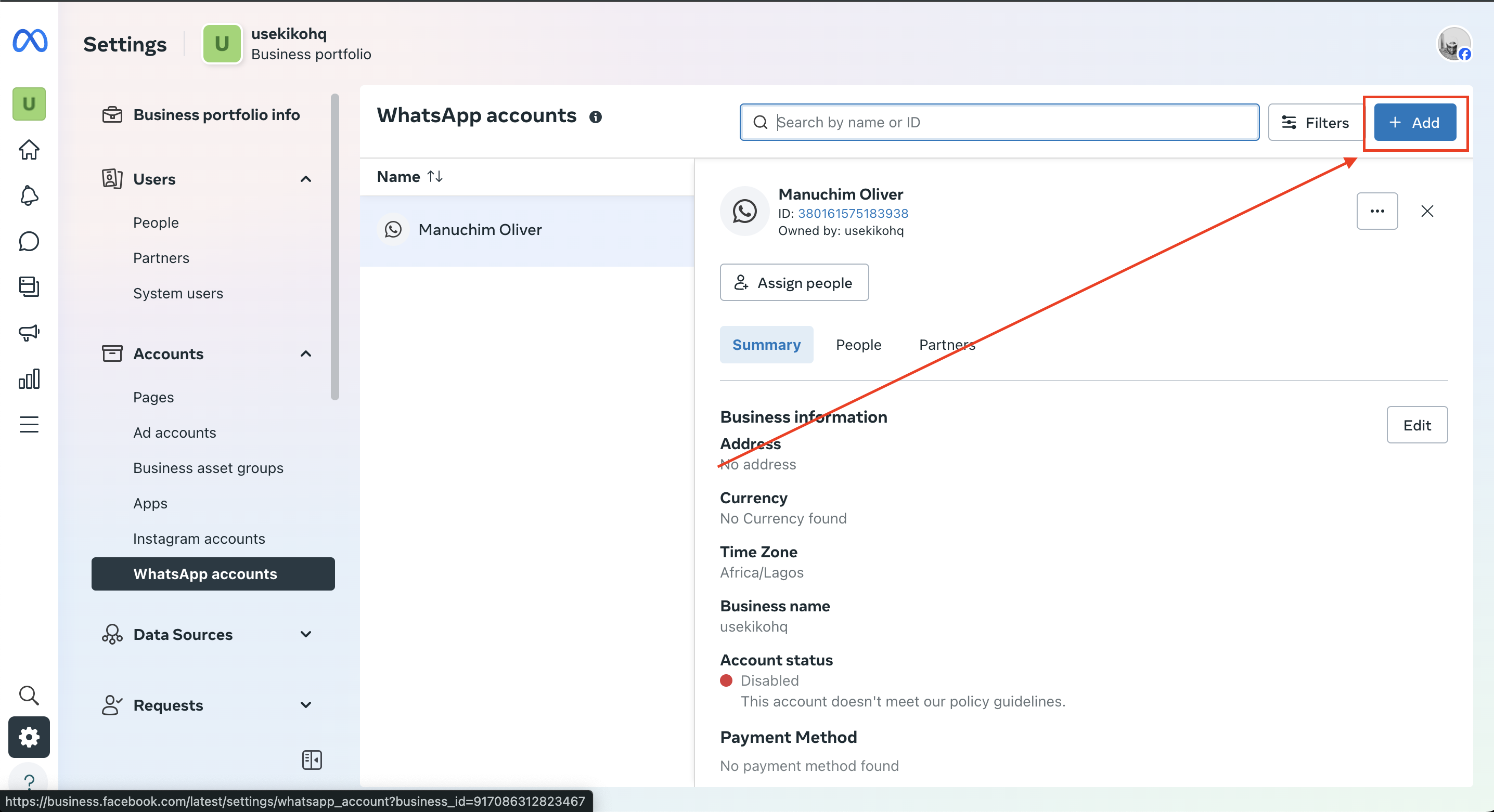 Adding a new WhatsApp Account