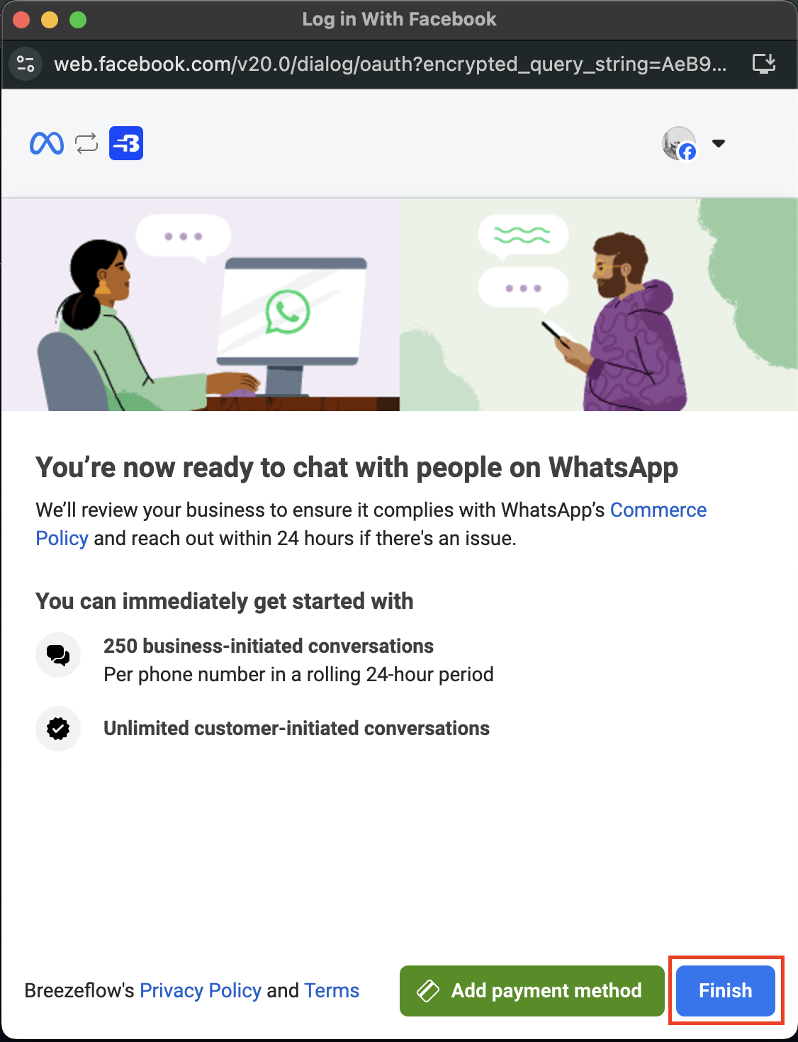 Click Finish to complete your WhatsApp integration on Breezeflow