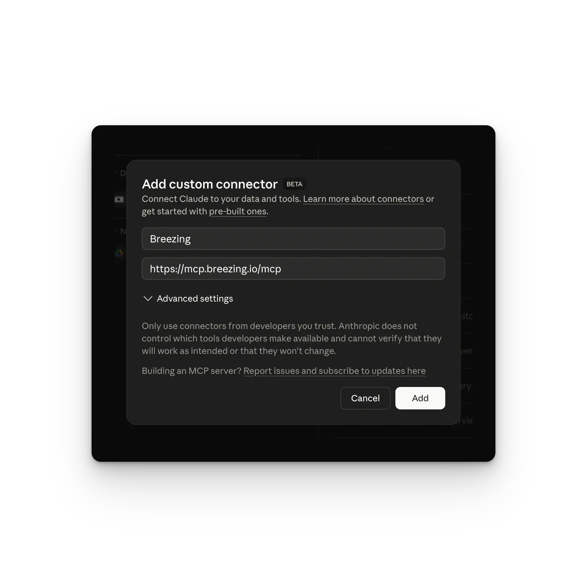 Enter Breezing as the name and the MCP URL