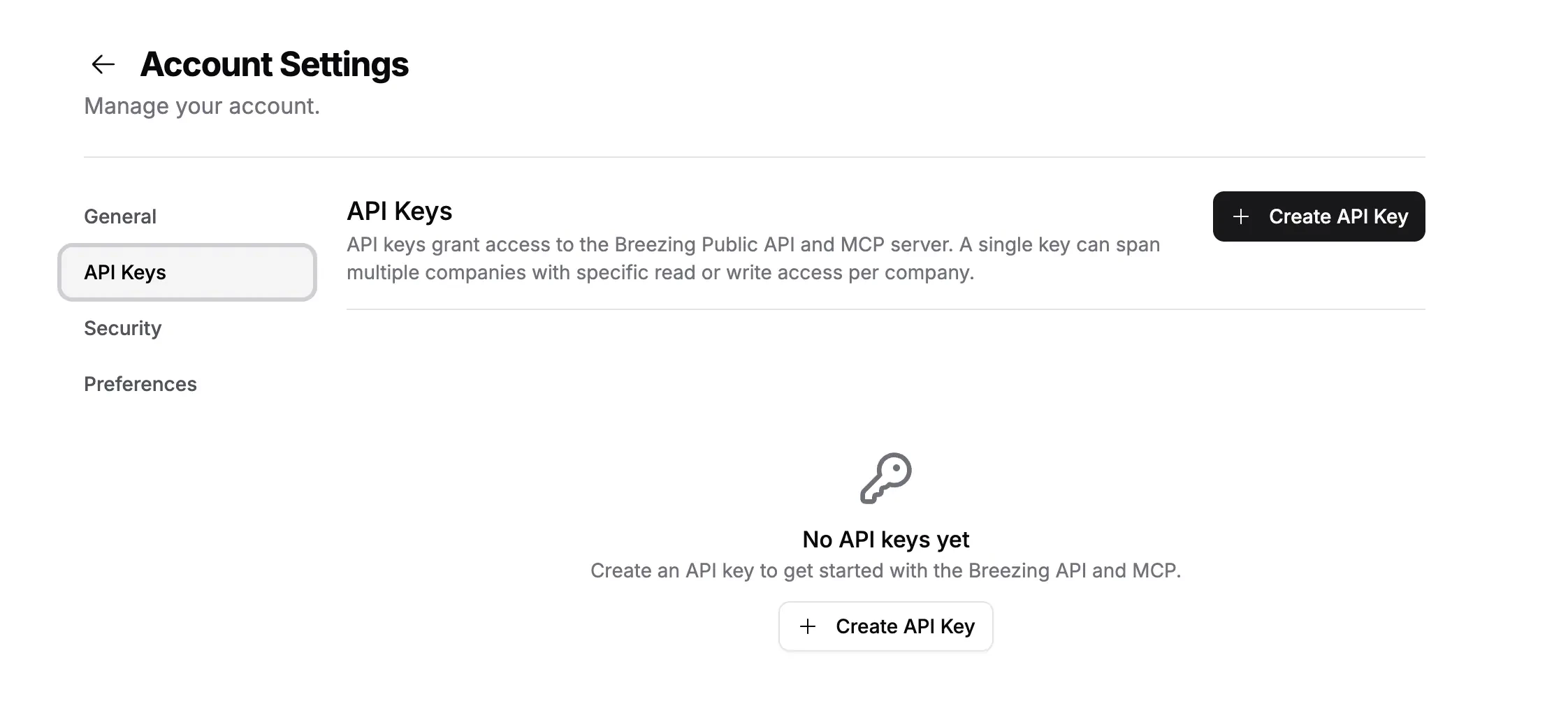 Account Settings > API Keys tab in Breezing where you create and manage API keys