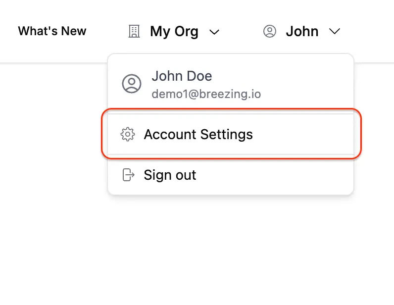 Open the profile menu in the top-right corner of Breezing and select Account Settings