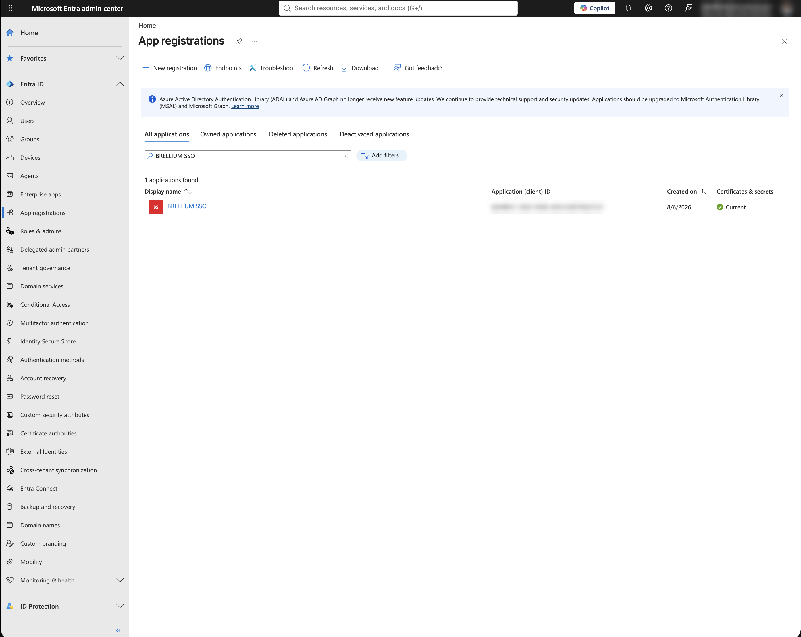 App registrations page with a search for BRELLIUM SSO and one result