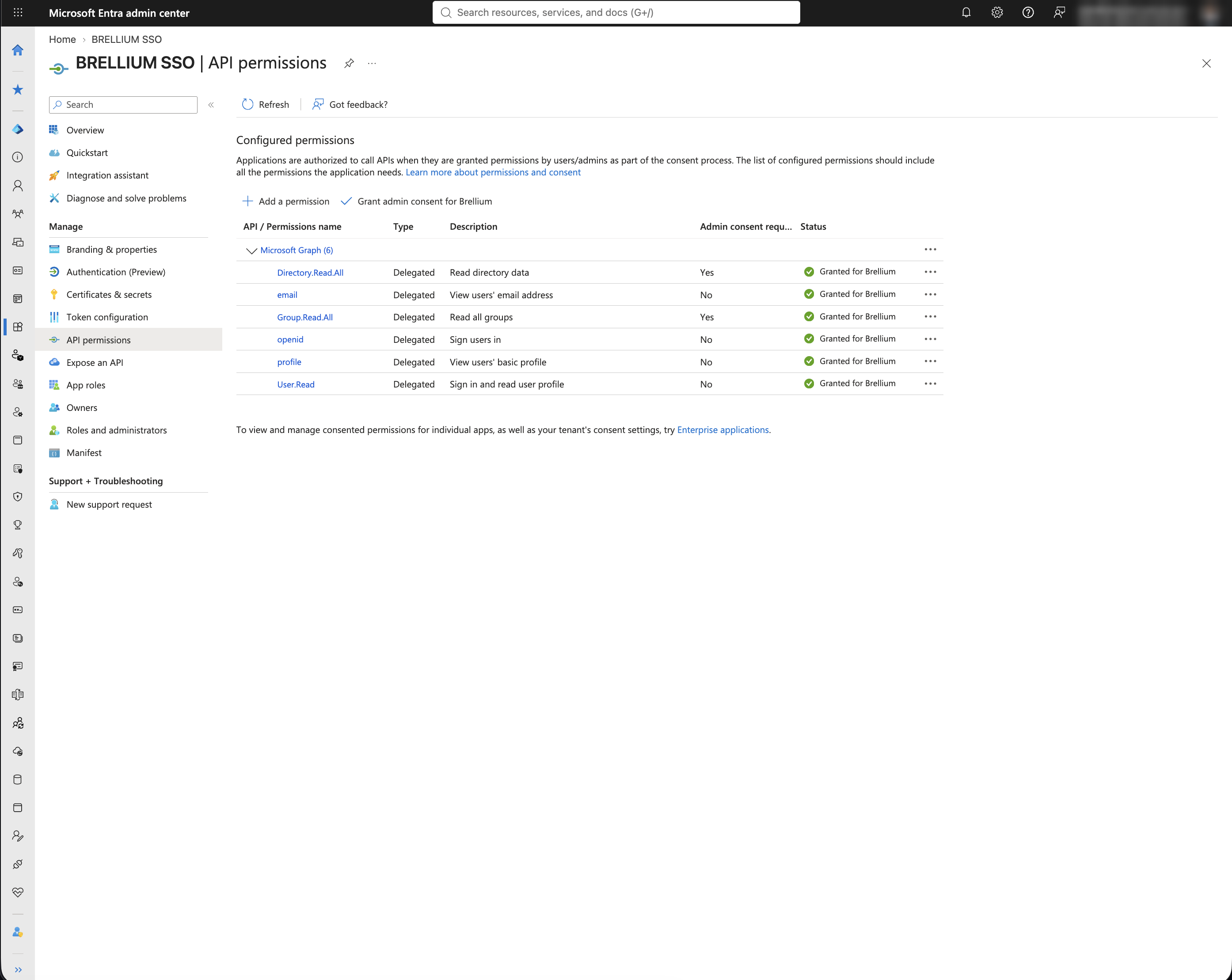 BRELLIUM SSO API permissions page with six delegated Microsoft Graph permissions granted
