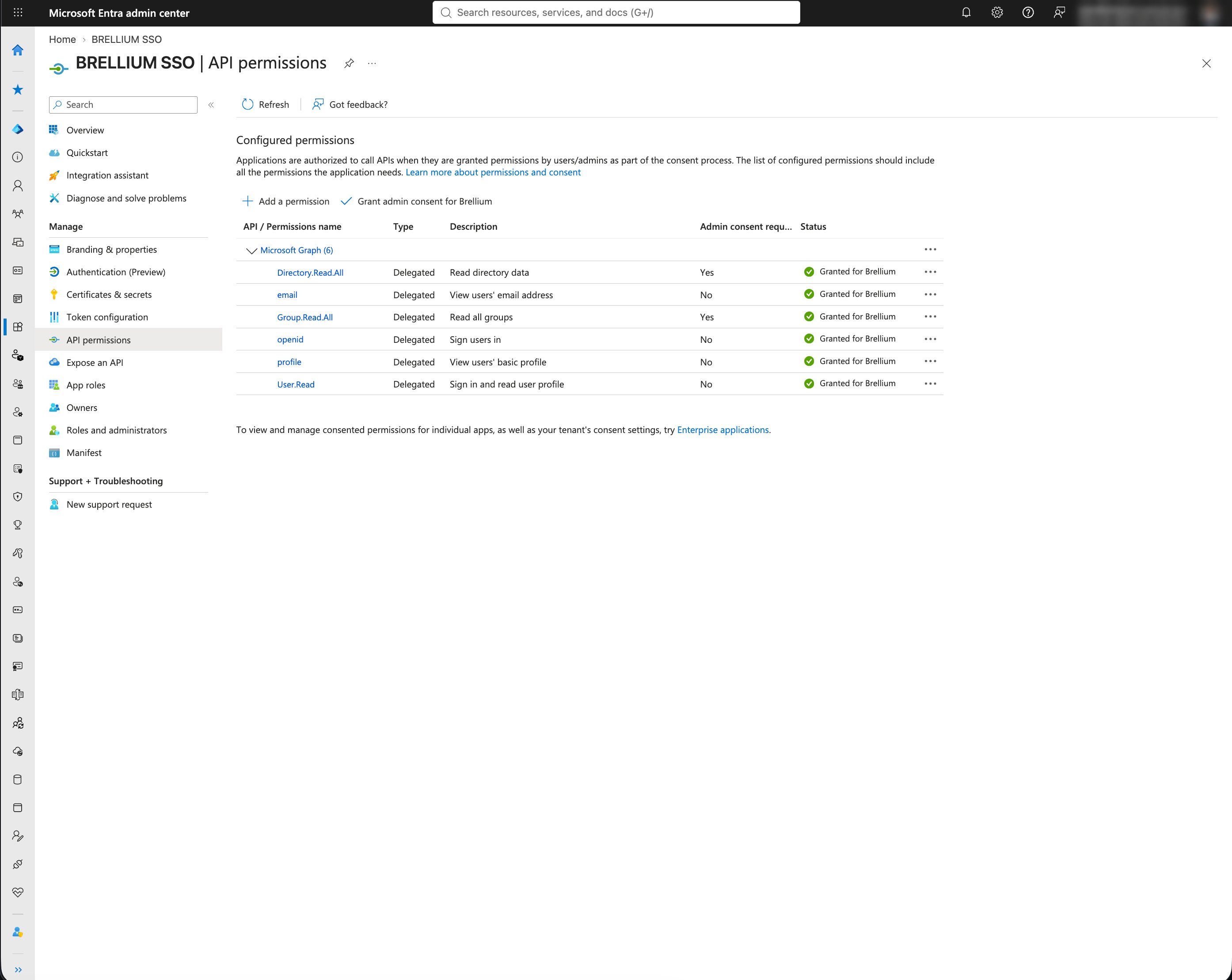 BRELLIUM SSO API permissions page with six delegated Microsoft Graph permissions granted