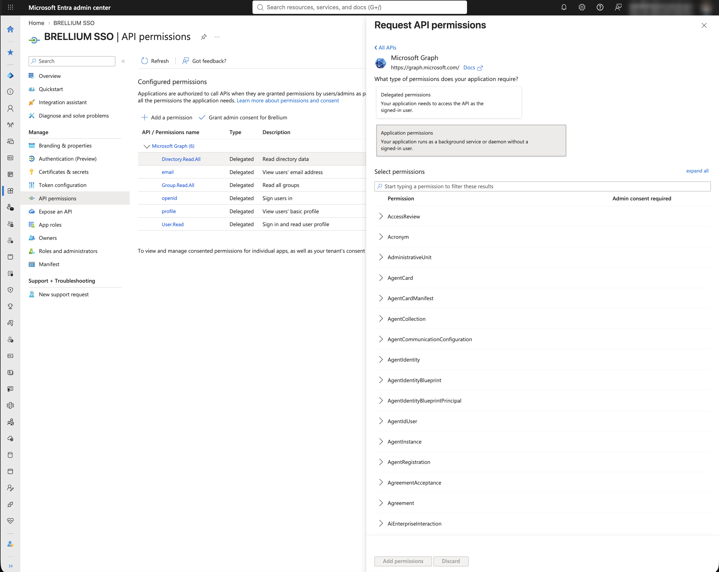 Request API permissions panel showing the Select permissions list and filter box