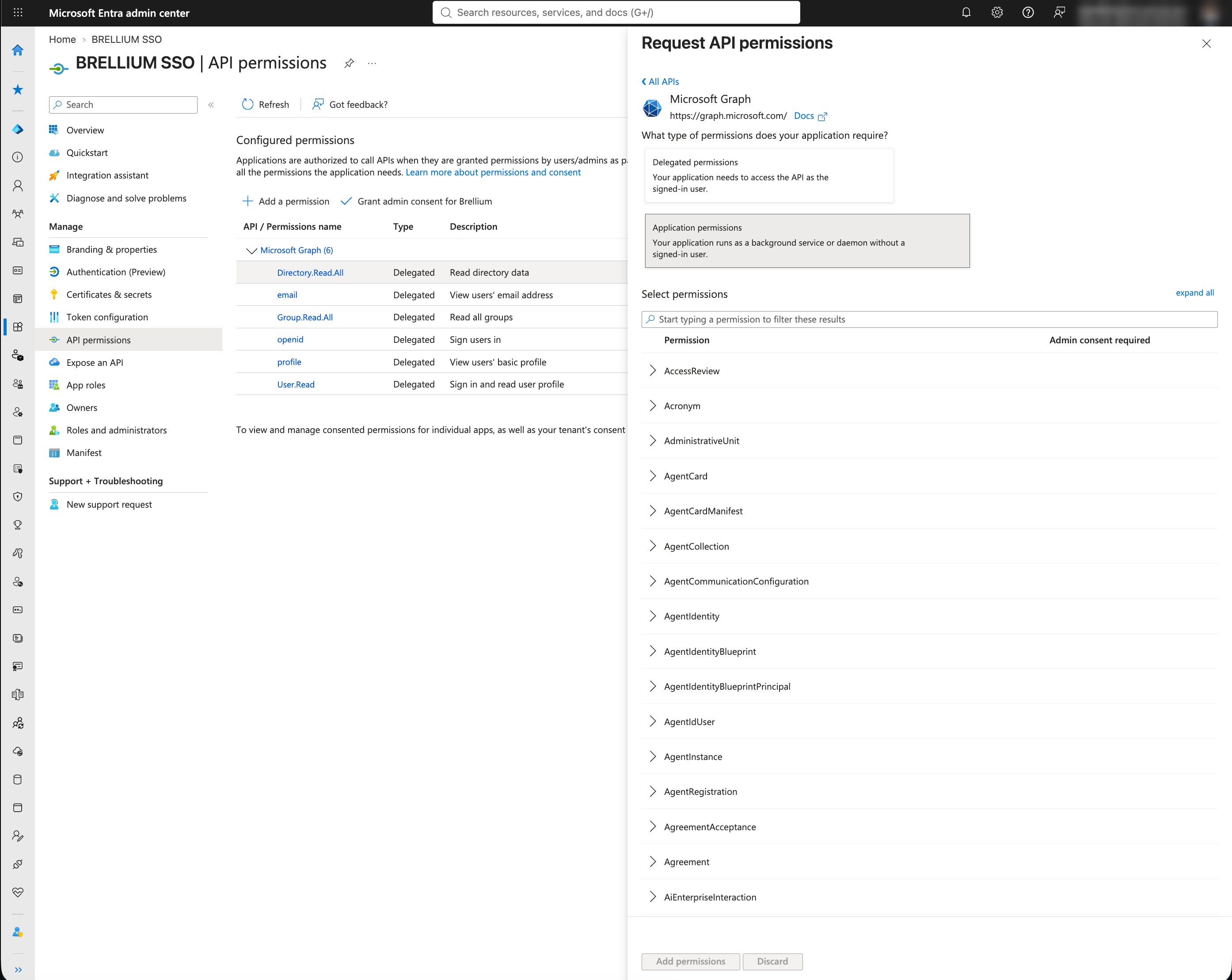 Request API permissions panel showing the Select permissions list and filter box
