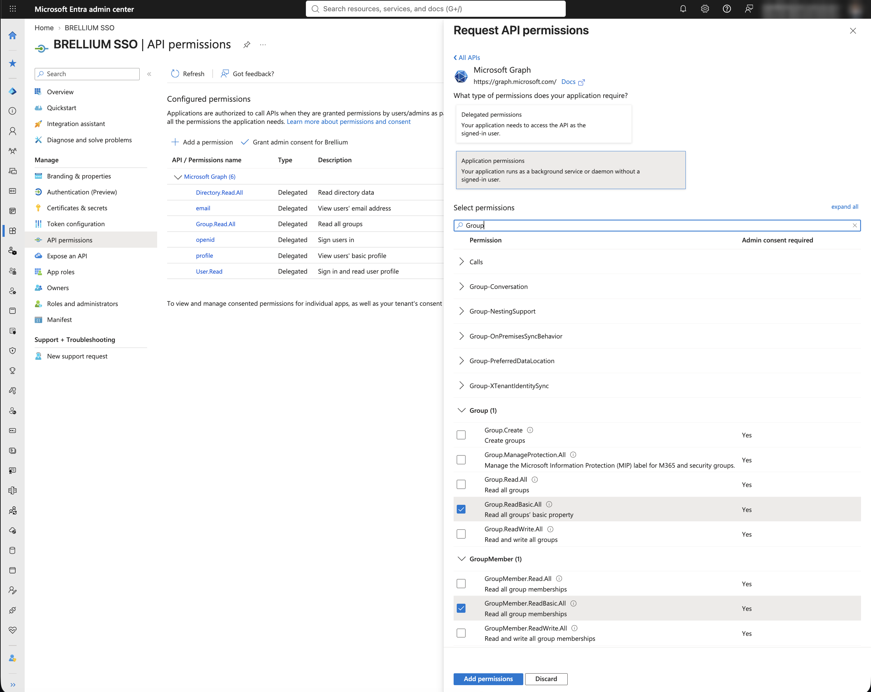 Select permissions list filtered by Group with Group.ReadBasic.All and GroupMember.ReadBasic.All checked