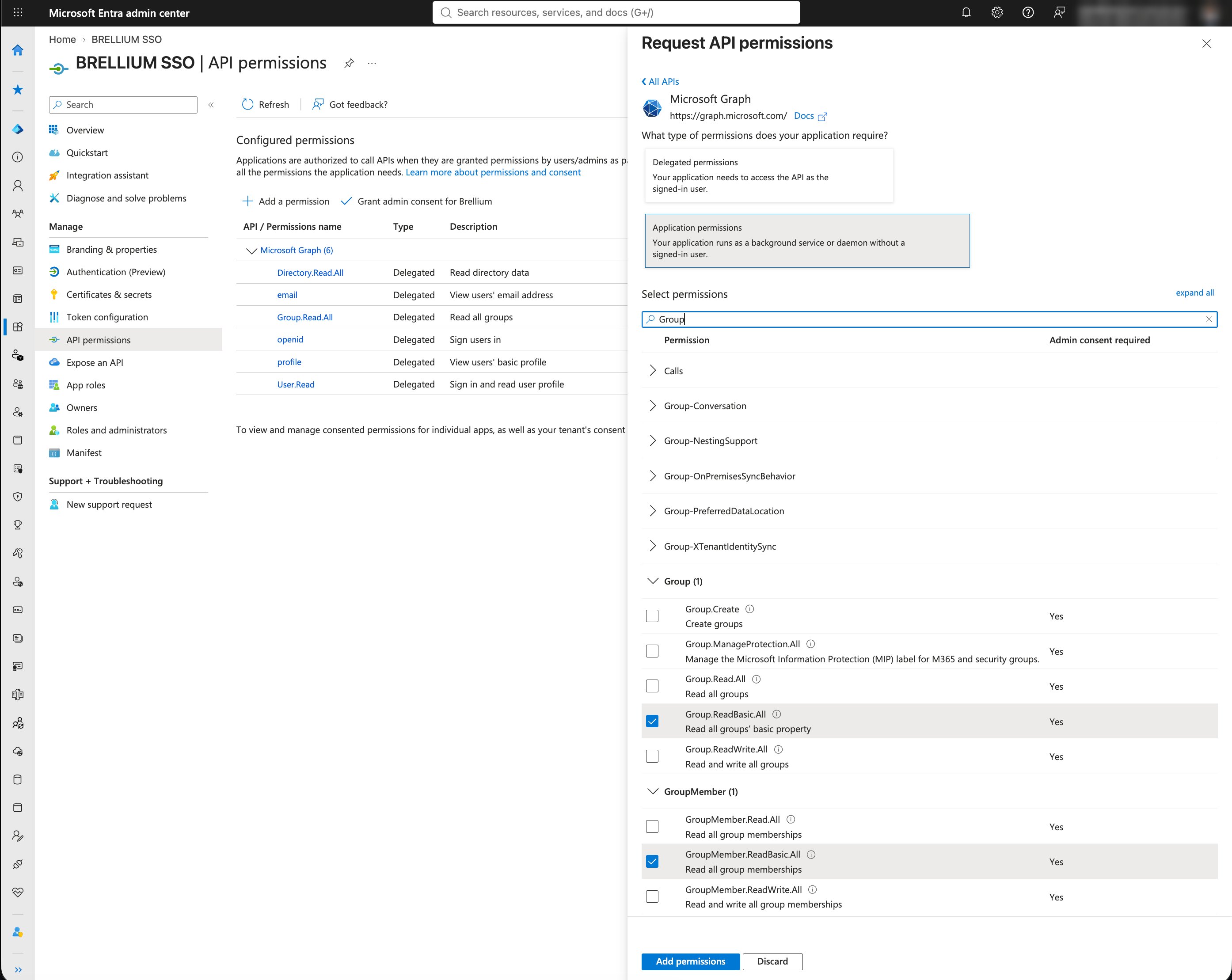 Select permissions list filtered by Group with Group.ReadBasic.All and GroupMember.ReadBasic.All checked
