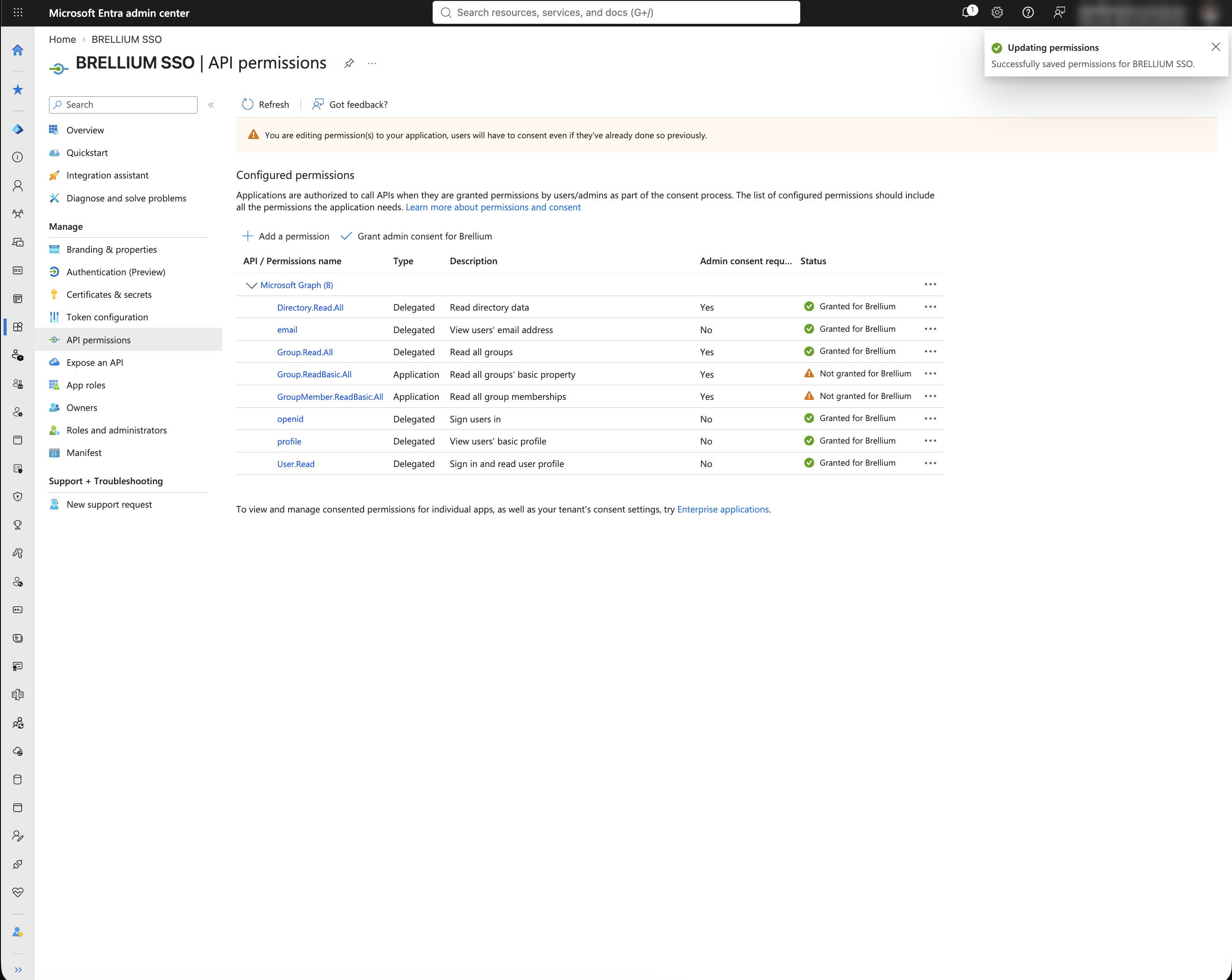 API permissions page with Group.ReadBasic.All and GroupMember.ReadBasic.All listed as Application permissions, not granted yet