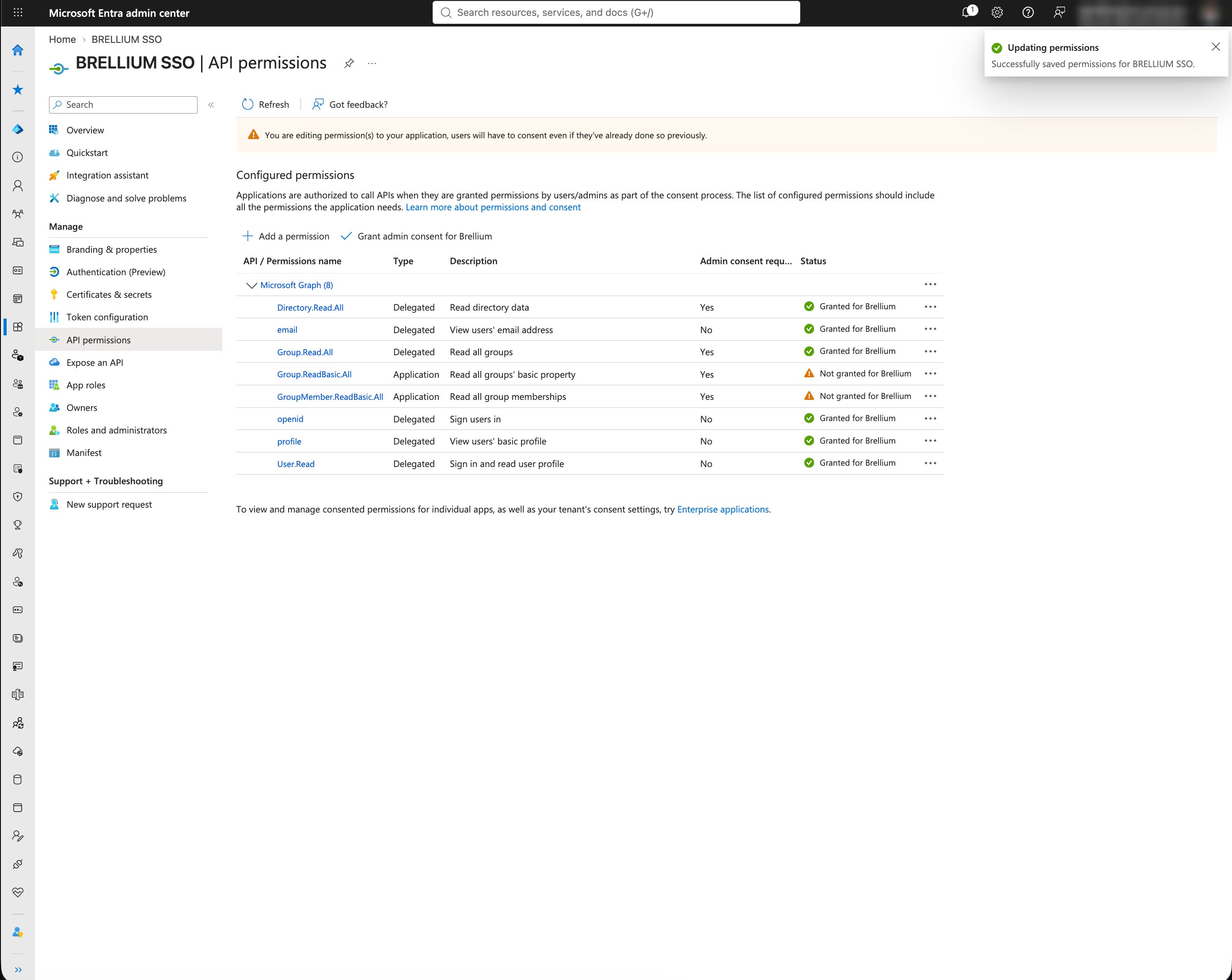 API permissions page with Group.ReadBasic.All and GroupMember.ReadBasic.All listed as Application permissions, not granted yet