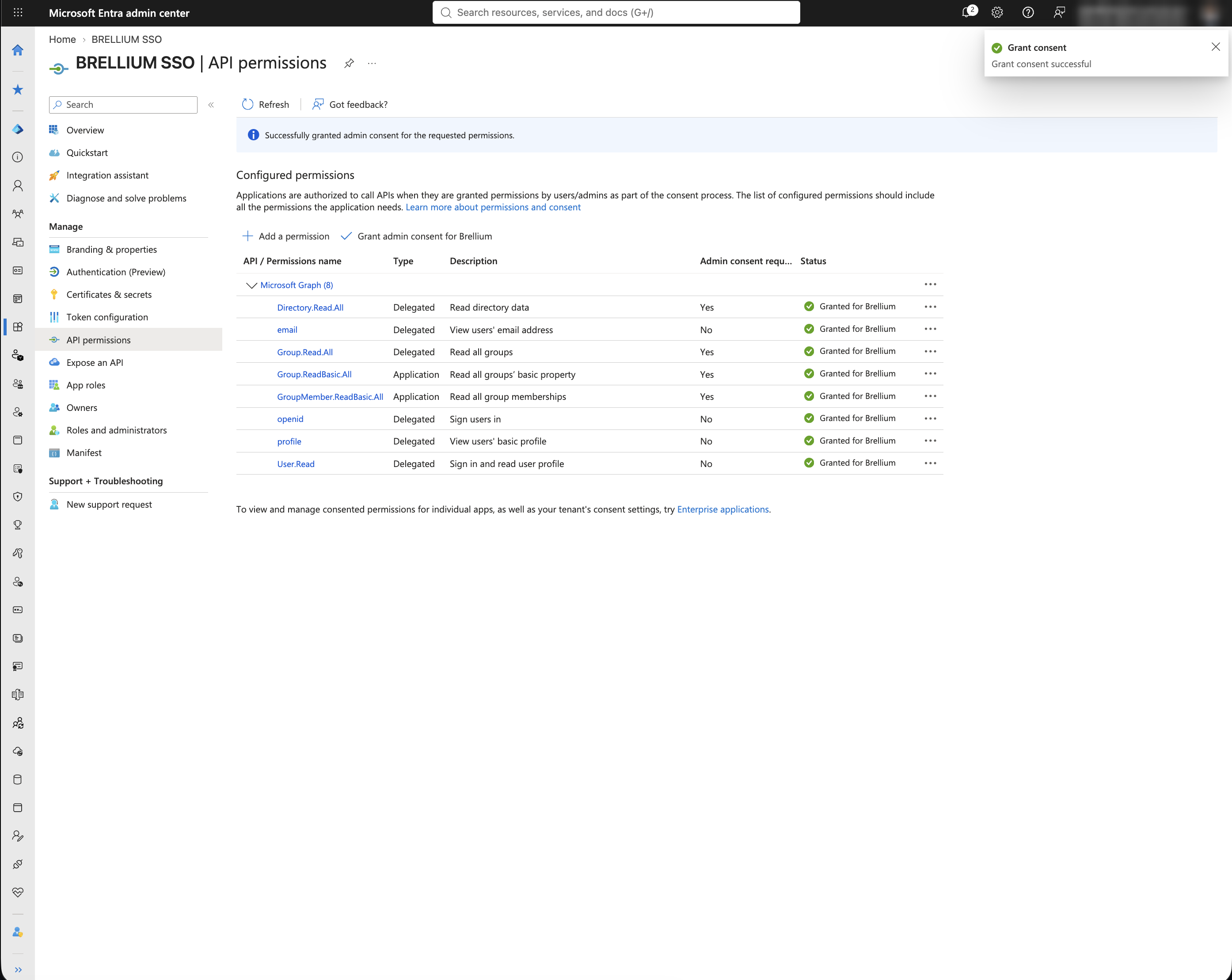 API permissions page with all eight Microsoft Graph permissions granted, including the two Application permissions
