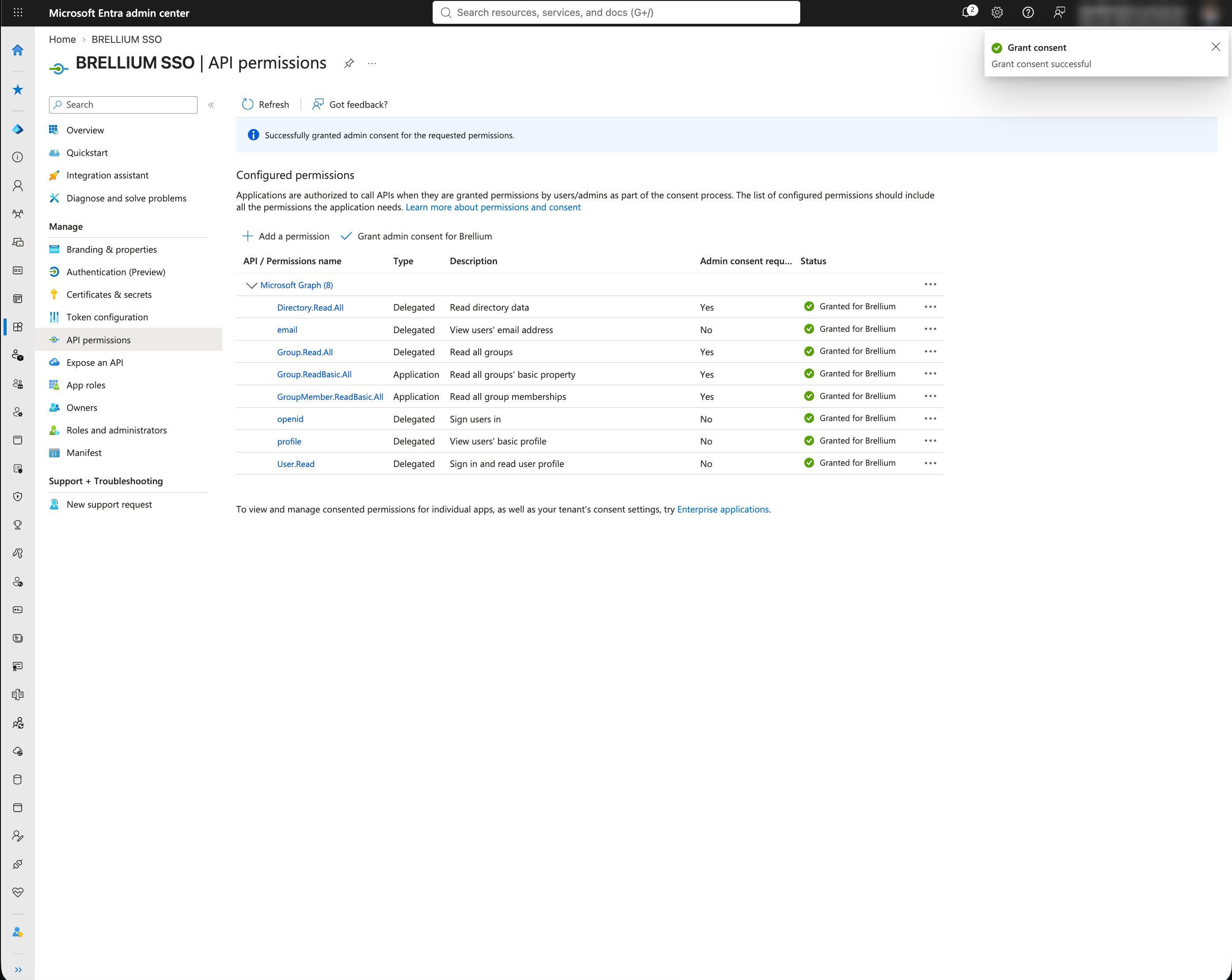 API permissions page with all eight Microsoft Graph permissions granted, including the two Application permissions