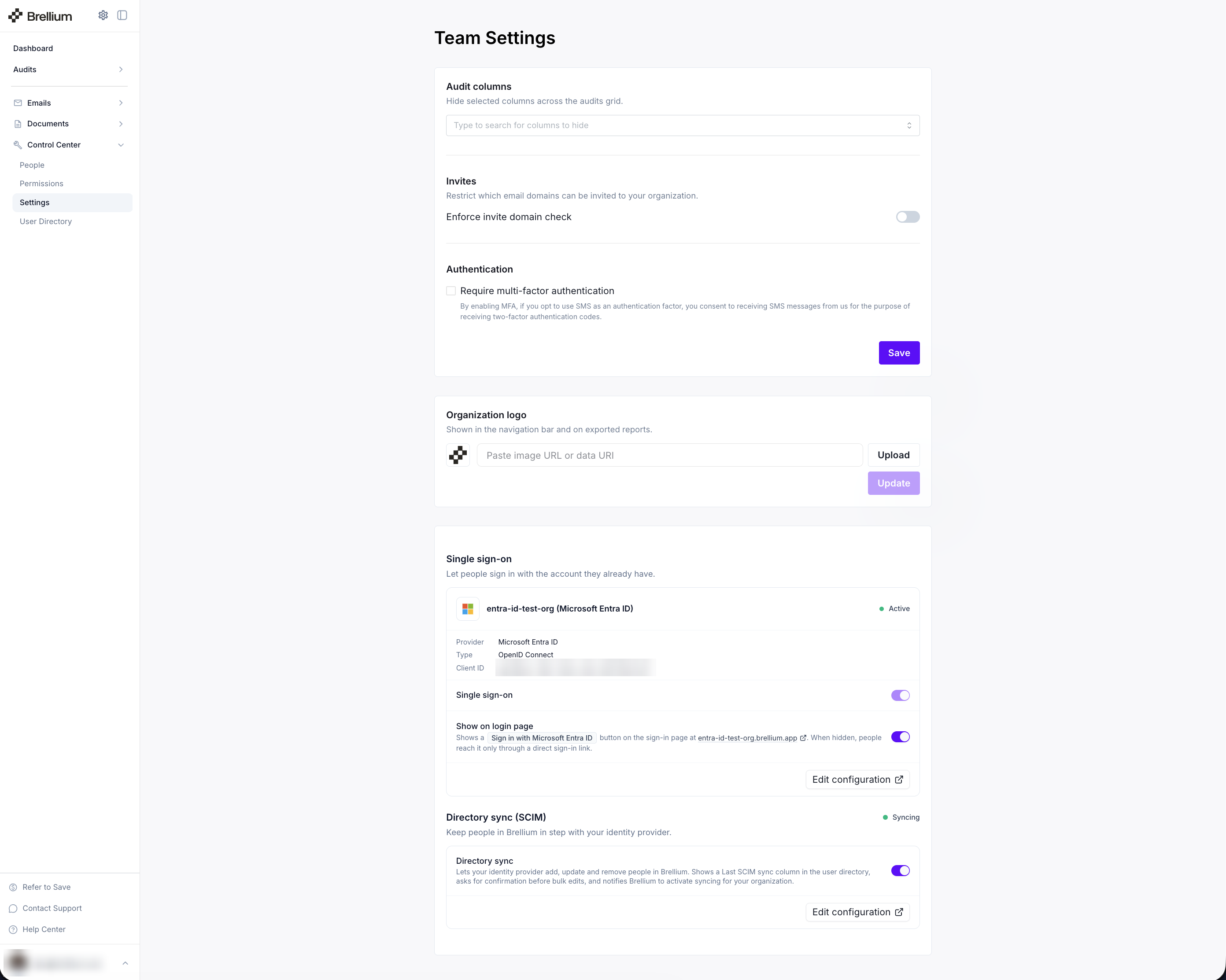 Brellium Team Settings page showing the Single sign-on connection with its Client ID, the Directory sync (SCIM) section, and an Edit configuration button for each
