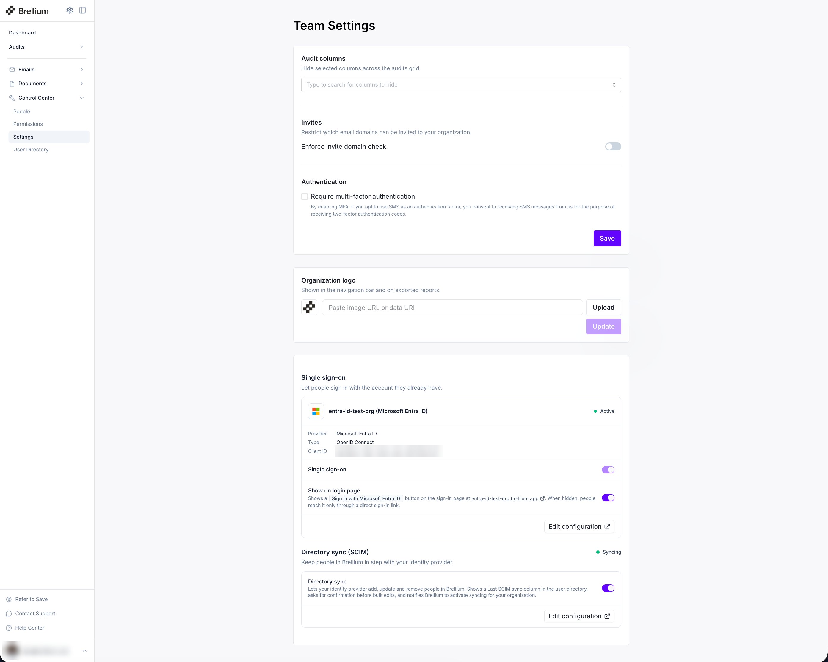 Brellium Team Settings page showing the Single sign-on connection with its Client ID, the Directory sync (SCIM) section, and an Edit configuration button for each