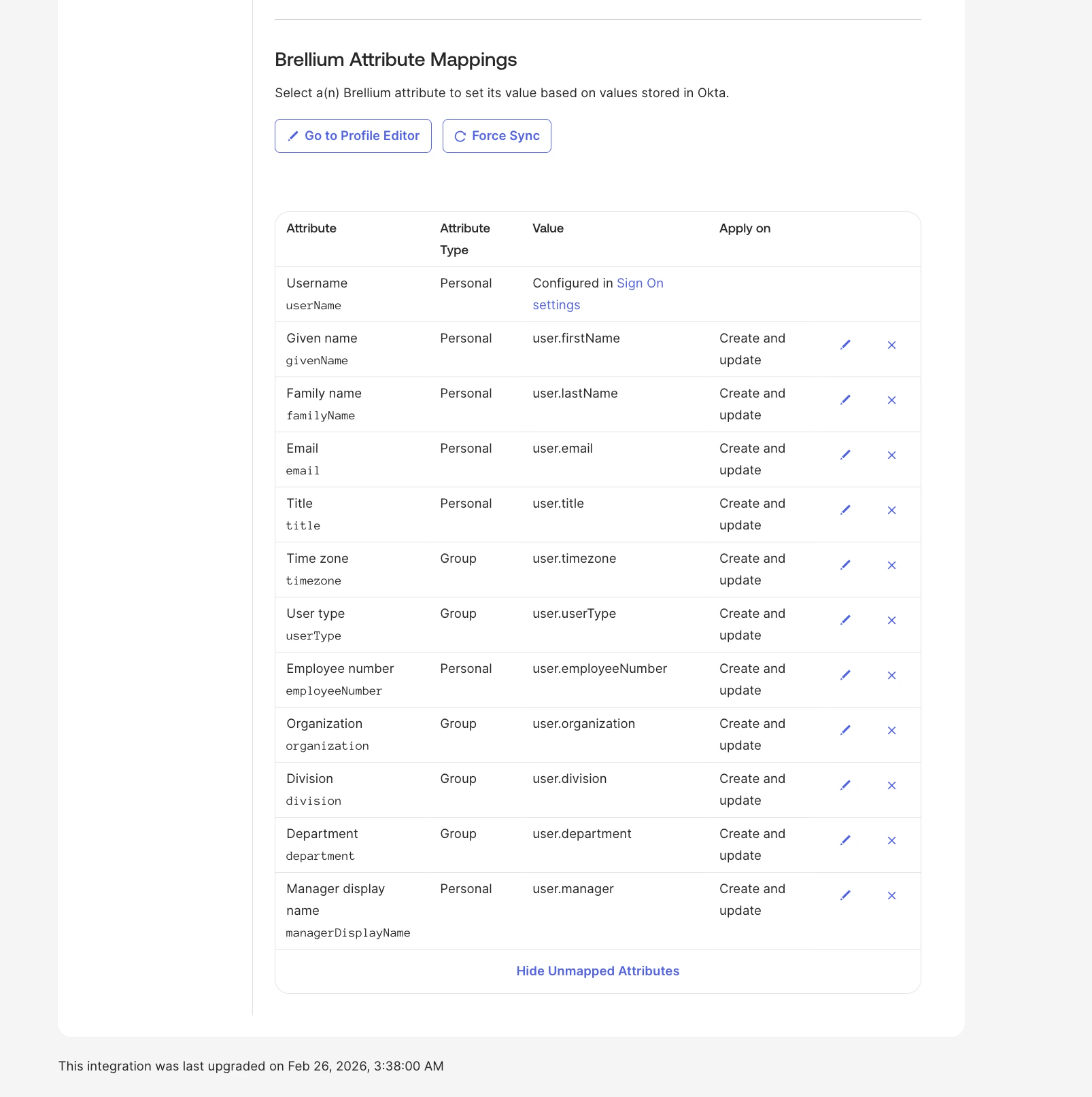 Okta profile attribute mappings for Brellium SCIM provisioning