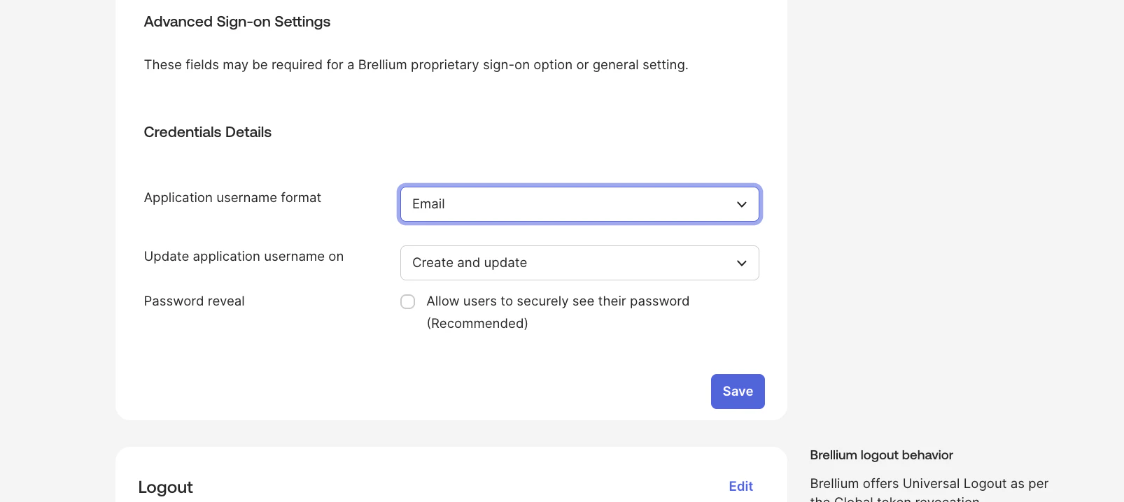 Sign On tab showing the Application username format set to Email