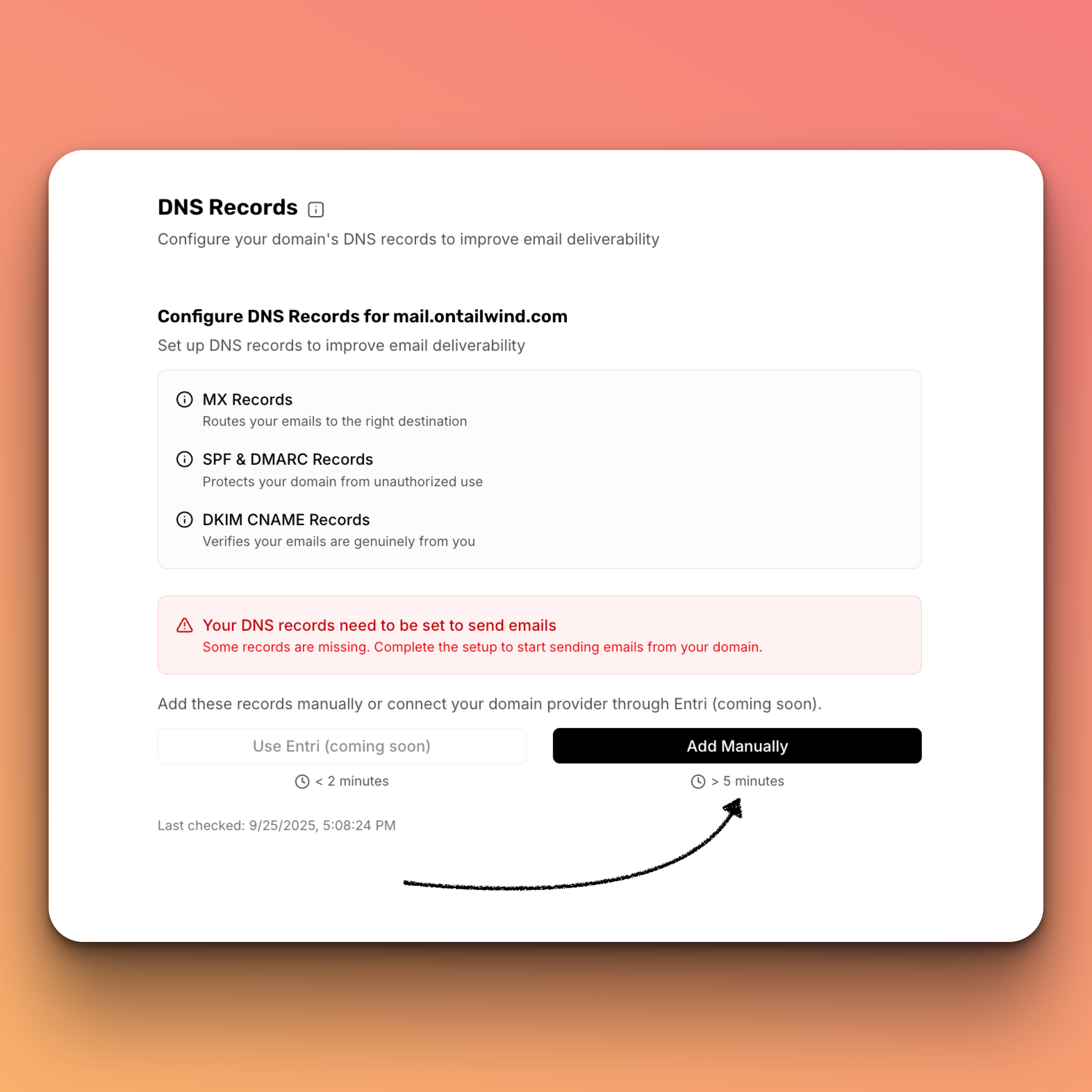 Manual DNS record entry screen in Brew