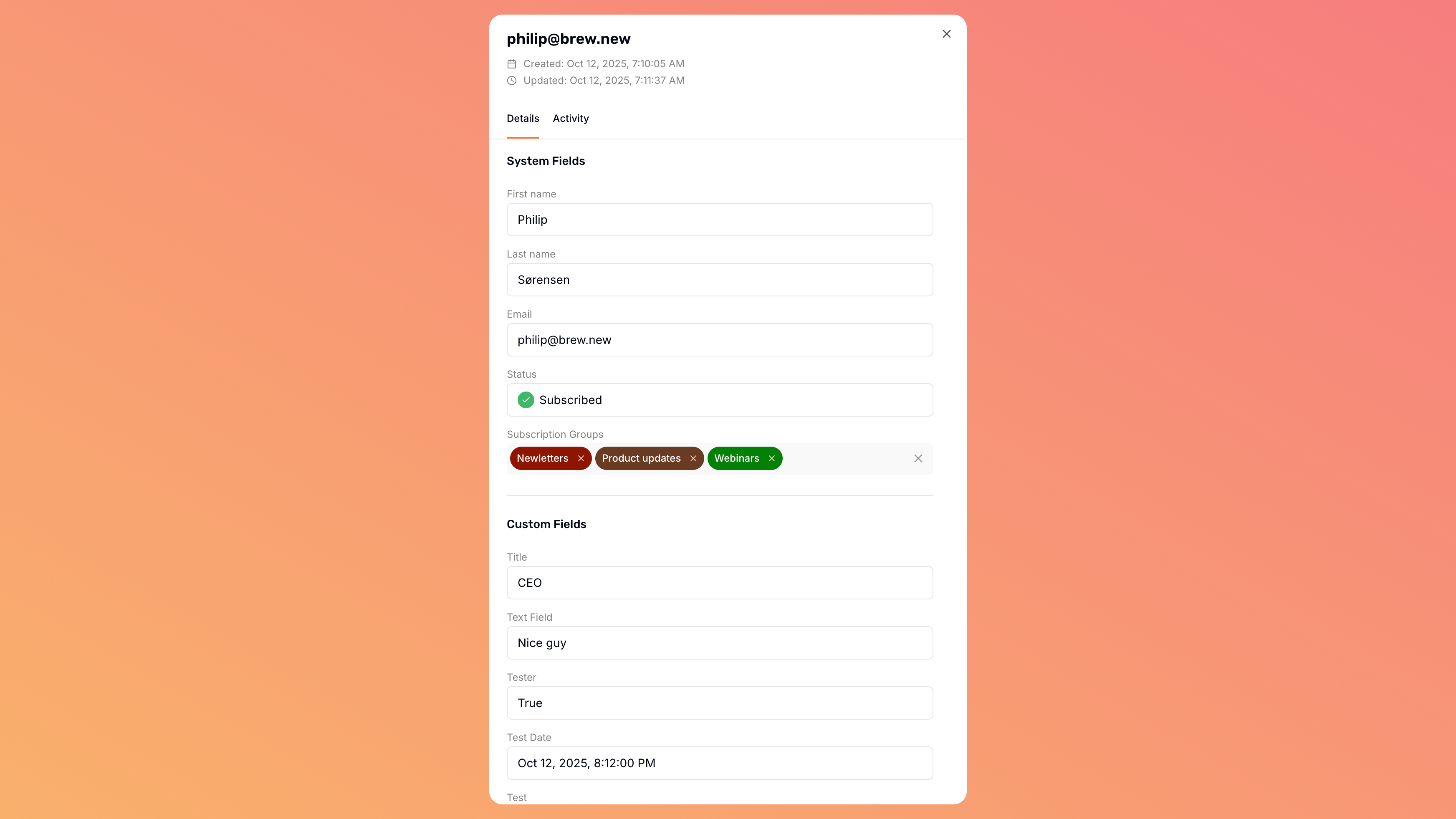 Contact activity timeline in Brew