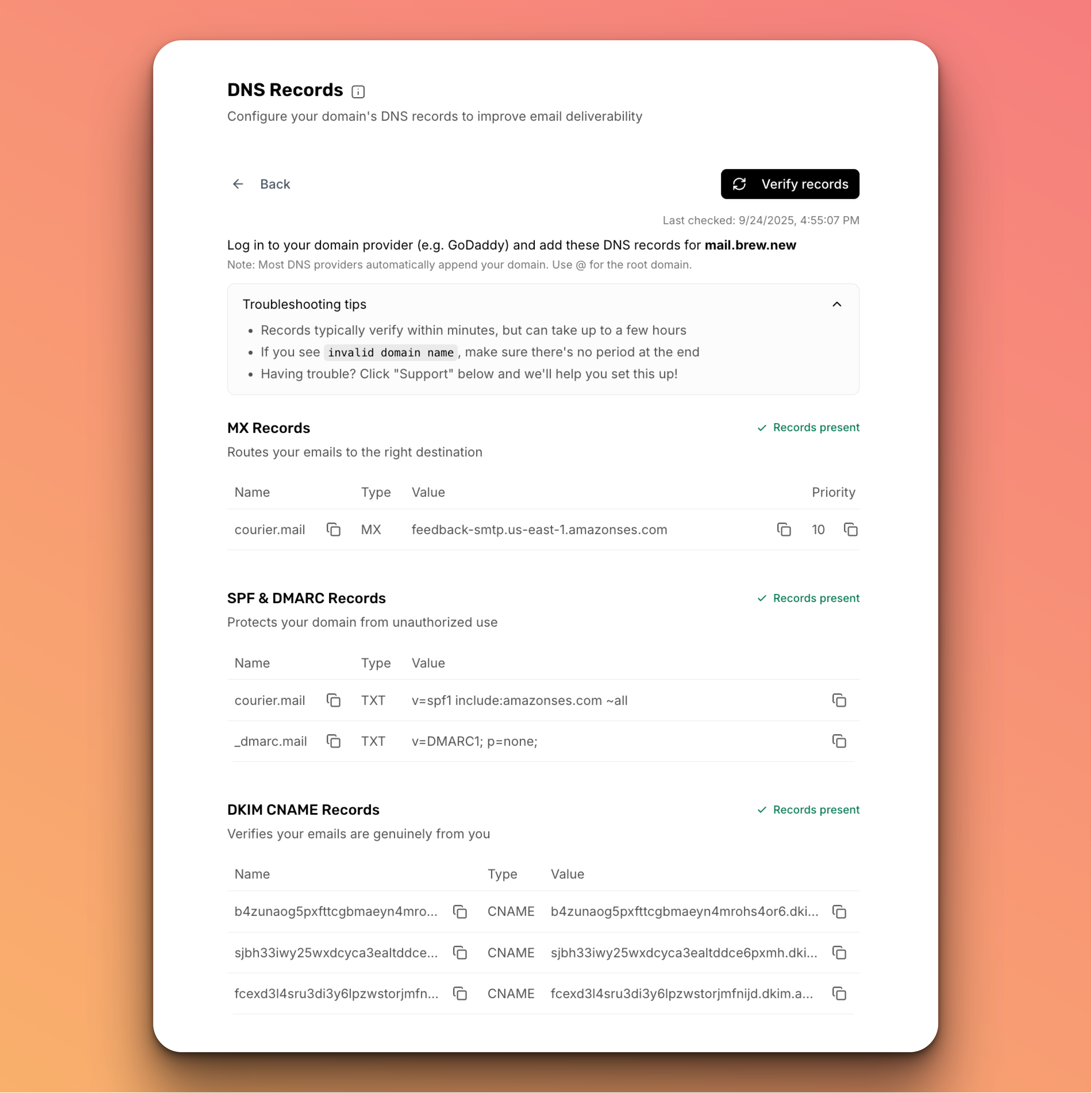 DNS records fully verified in Brew