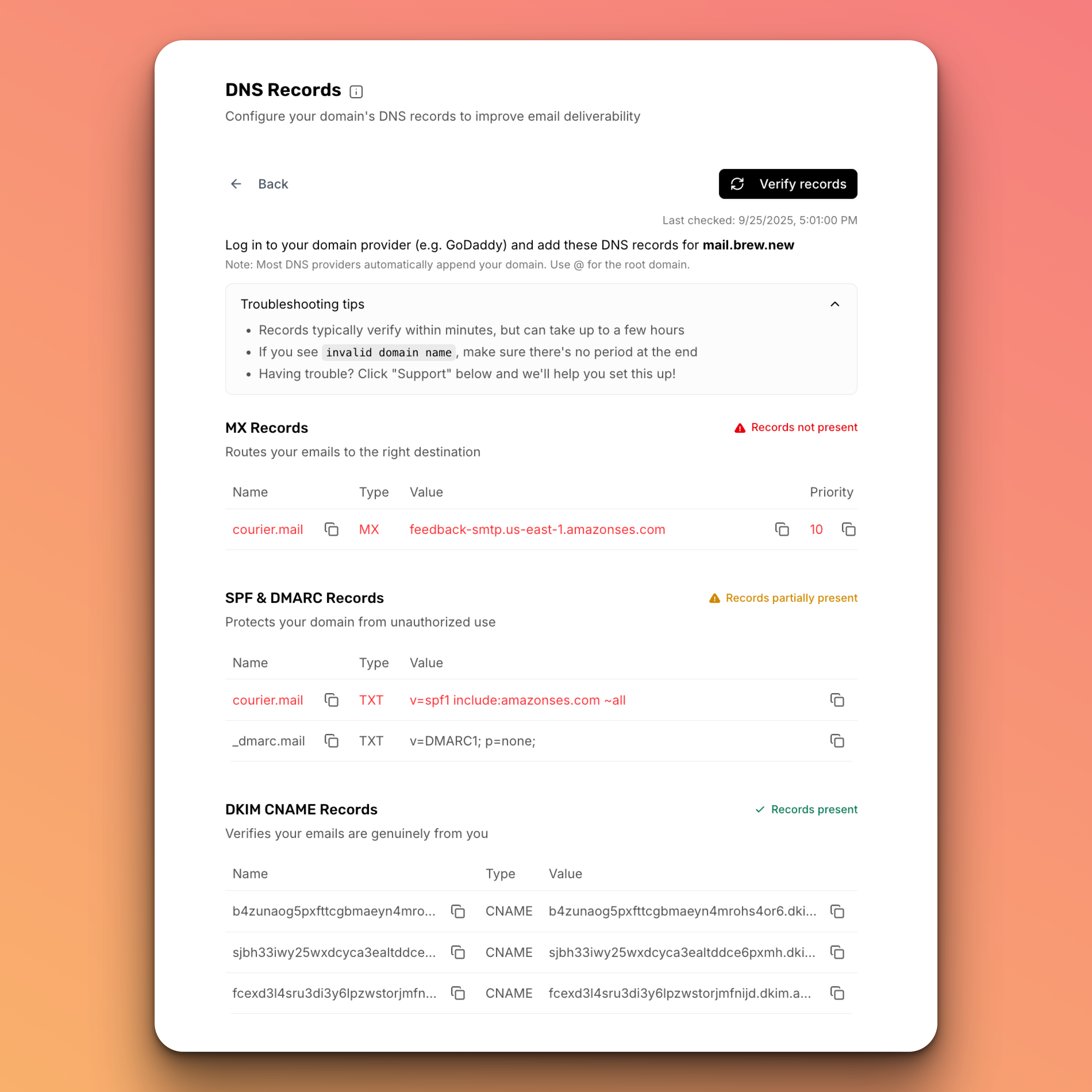 DNS records partially verified in Brew