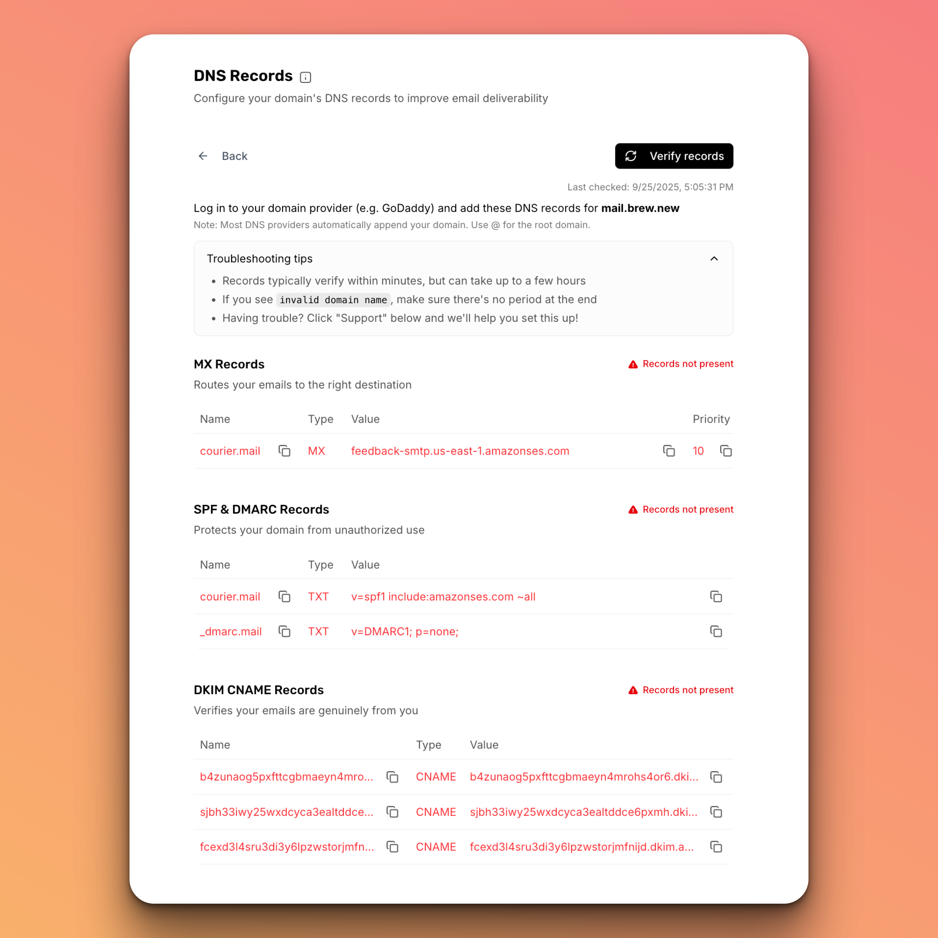 DNS records not yet verified in Brew