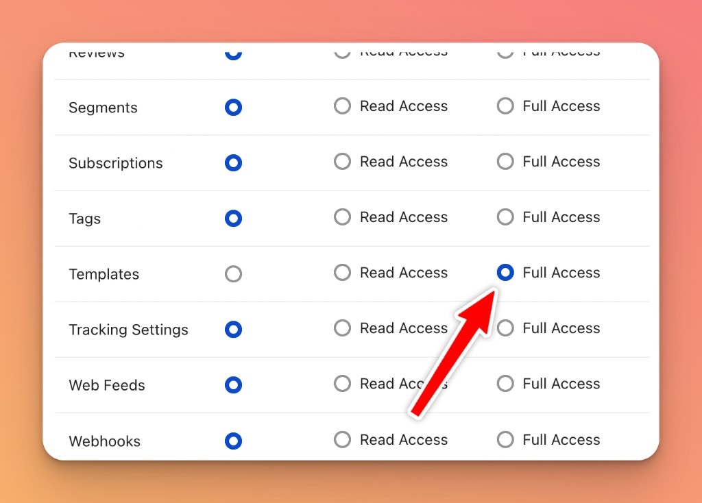 Klaviyo Templates Full Access setting