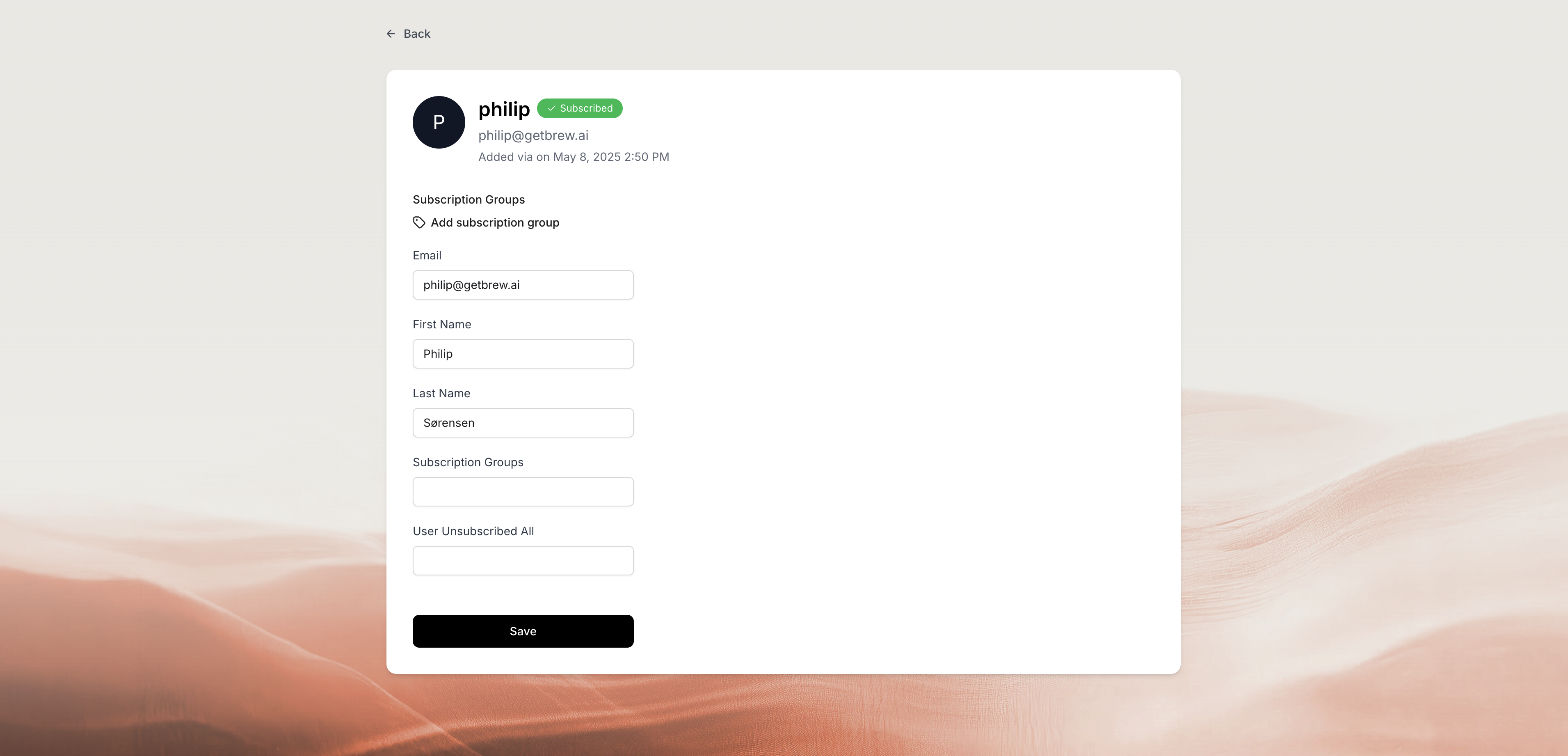Contact profile view in Brew showing properties and activity