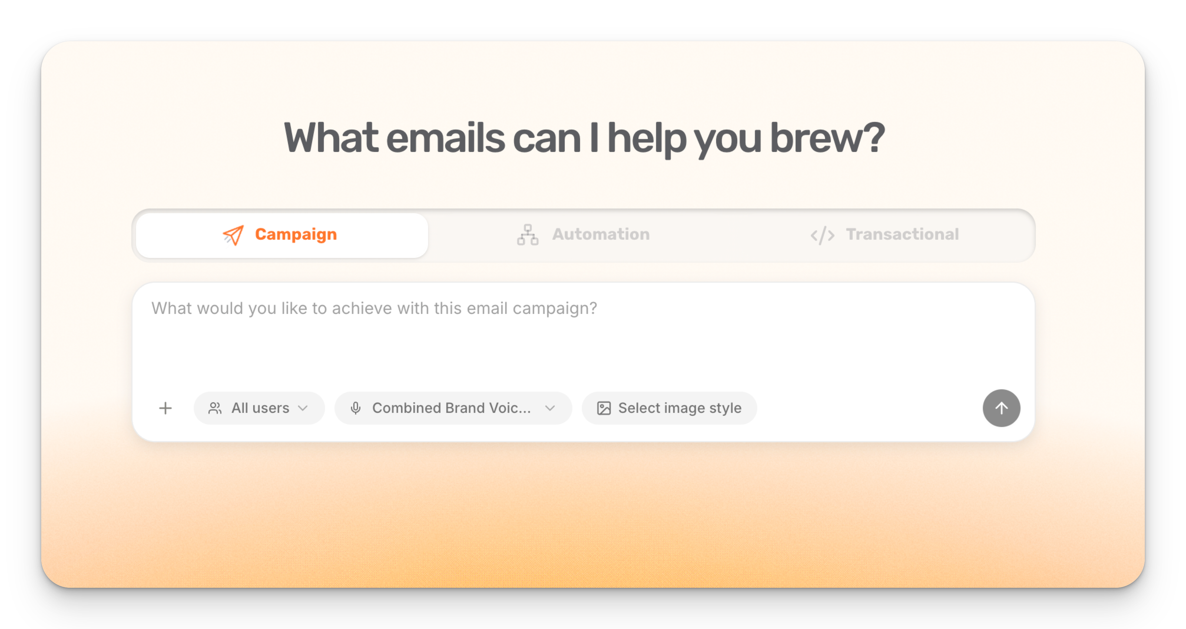 Brew email creation interface showing email type selection and prompt