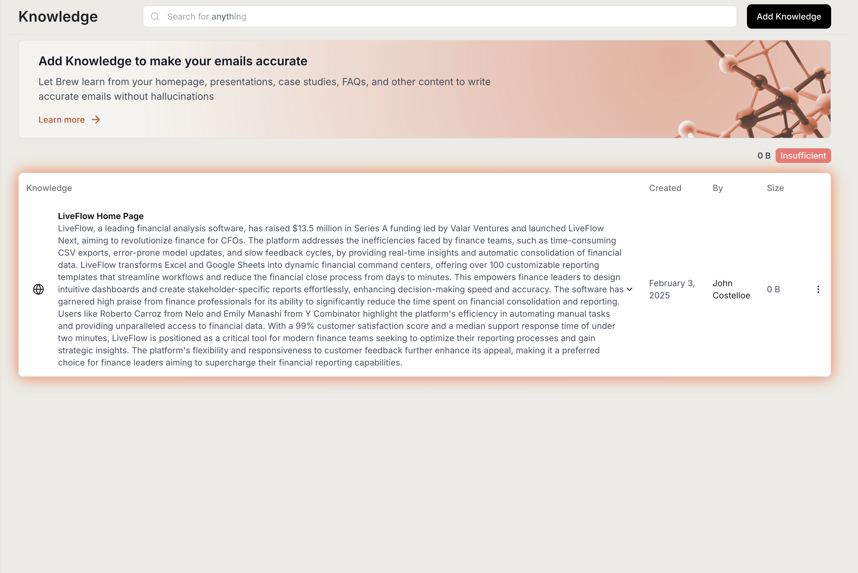 Knowledge dashboard in Brew showing uploaded content