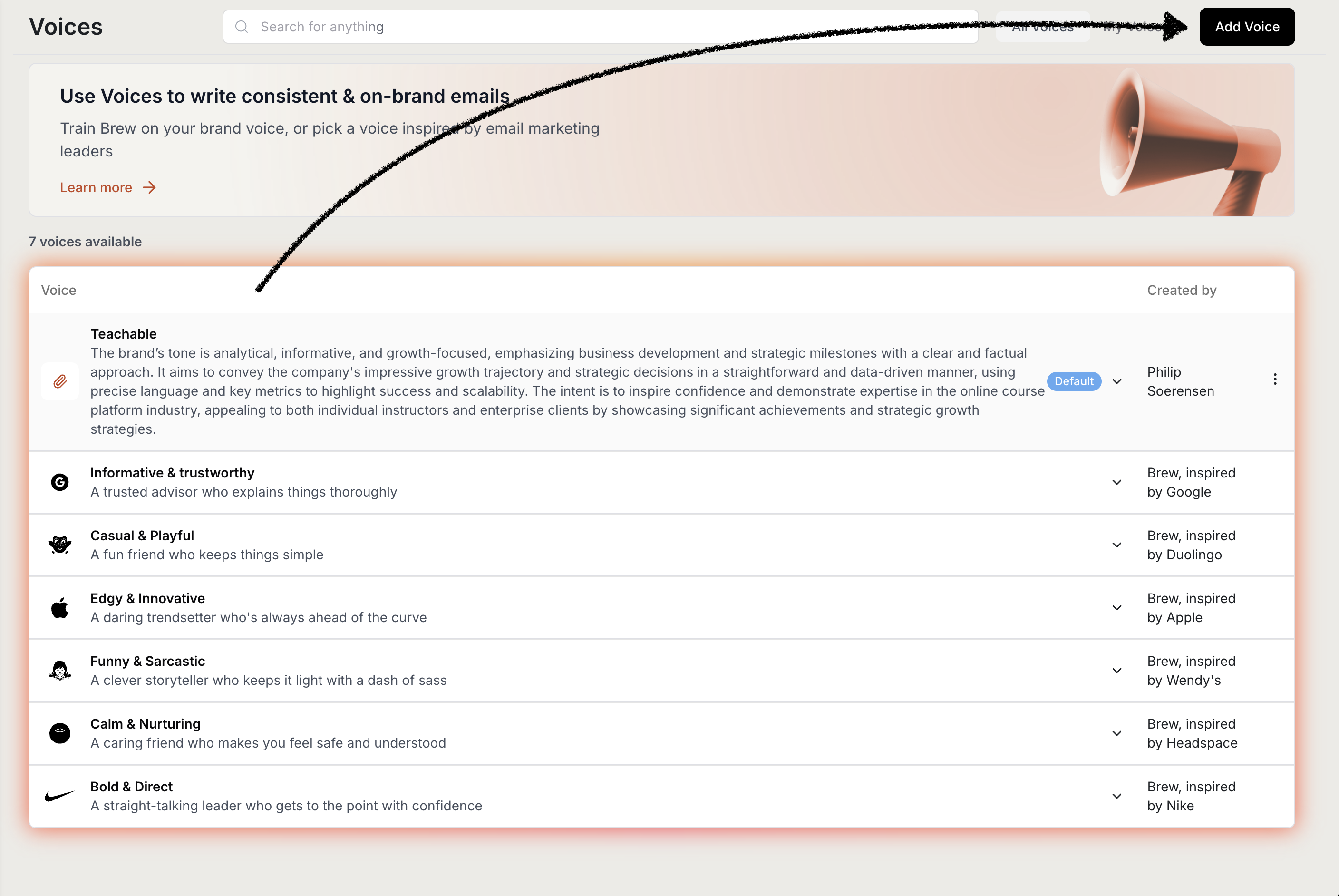 Brew voices dashboard showing multiple voice options