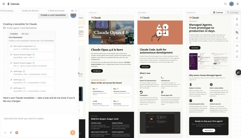 Brew canvas showing generated emails and chat