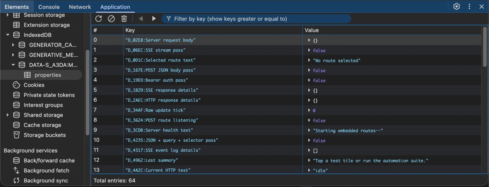 IndexedDB に投影された BRICKS ストレージを表示する DevTools Application パネル