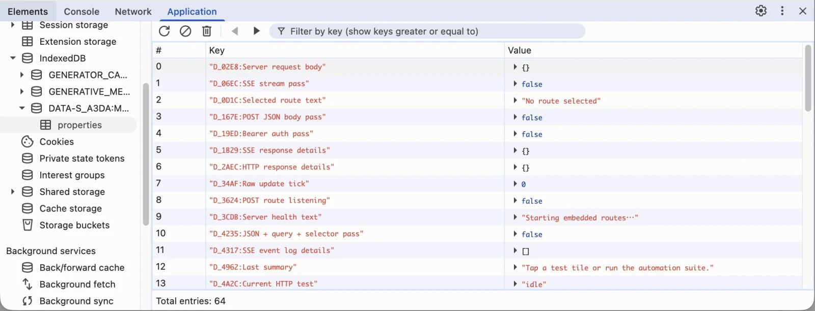 IndexedDB に投影された BRICKS ストレージを表示する DevTools Application パネル