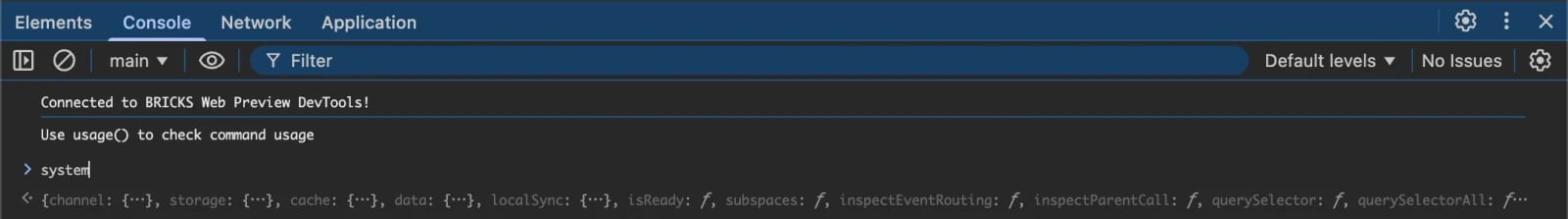 接続バナーと展開された system ヘルパーオブジェクトを表示する DevTools Console パネル