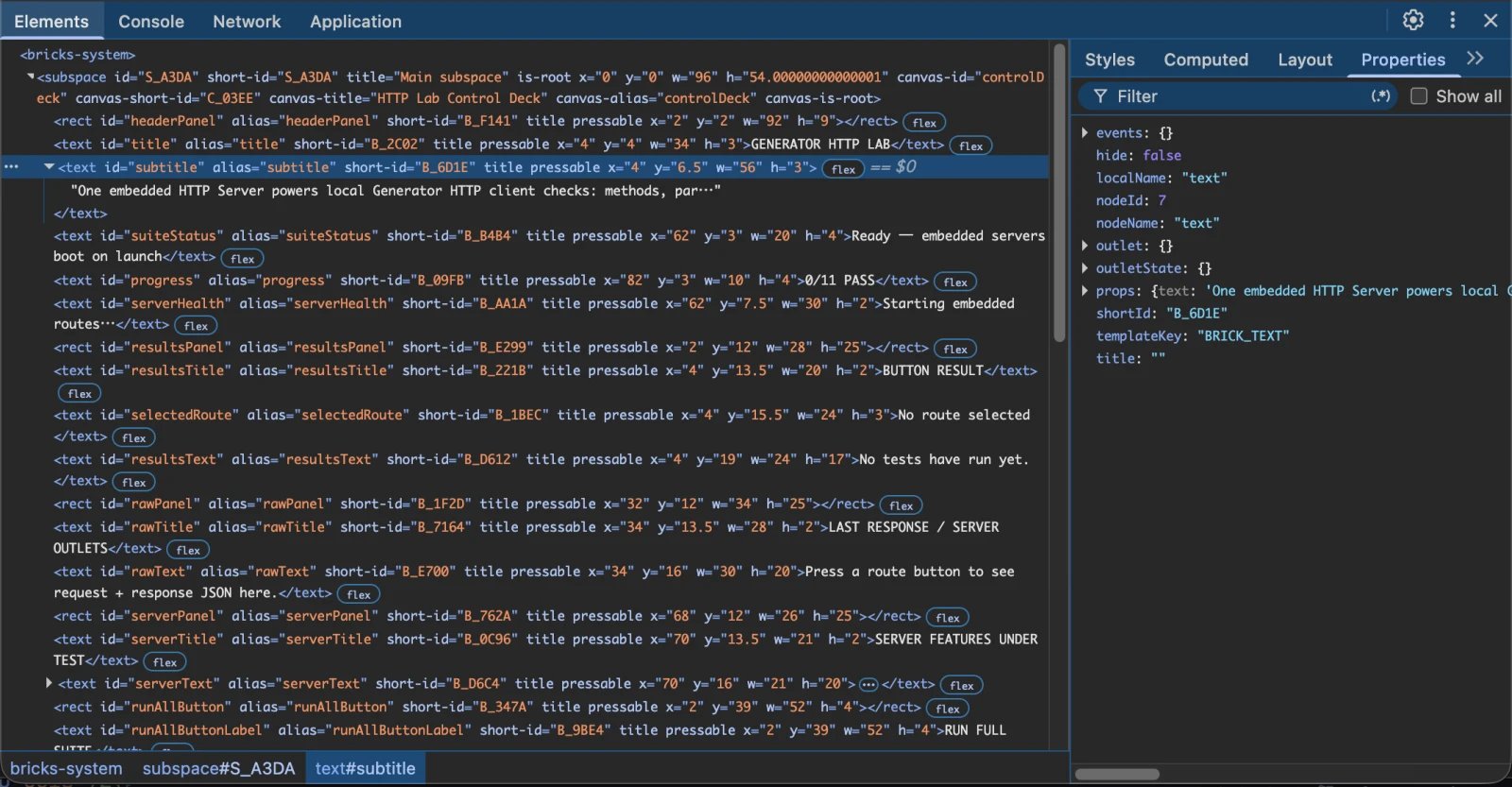 DOM ドキュメントとして投影された BRICKS レンダーツリーを表示する DevTools Elements パネル