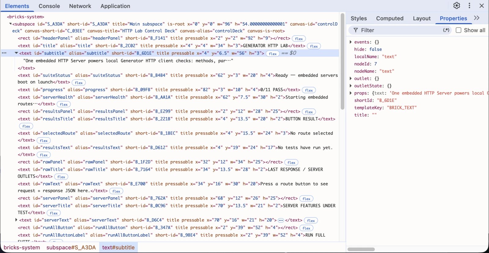 DOM ドキュメントとして投影された BRICKS レンダーツリーを表示する DevTools Elements パネル