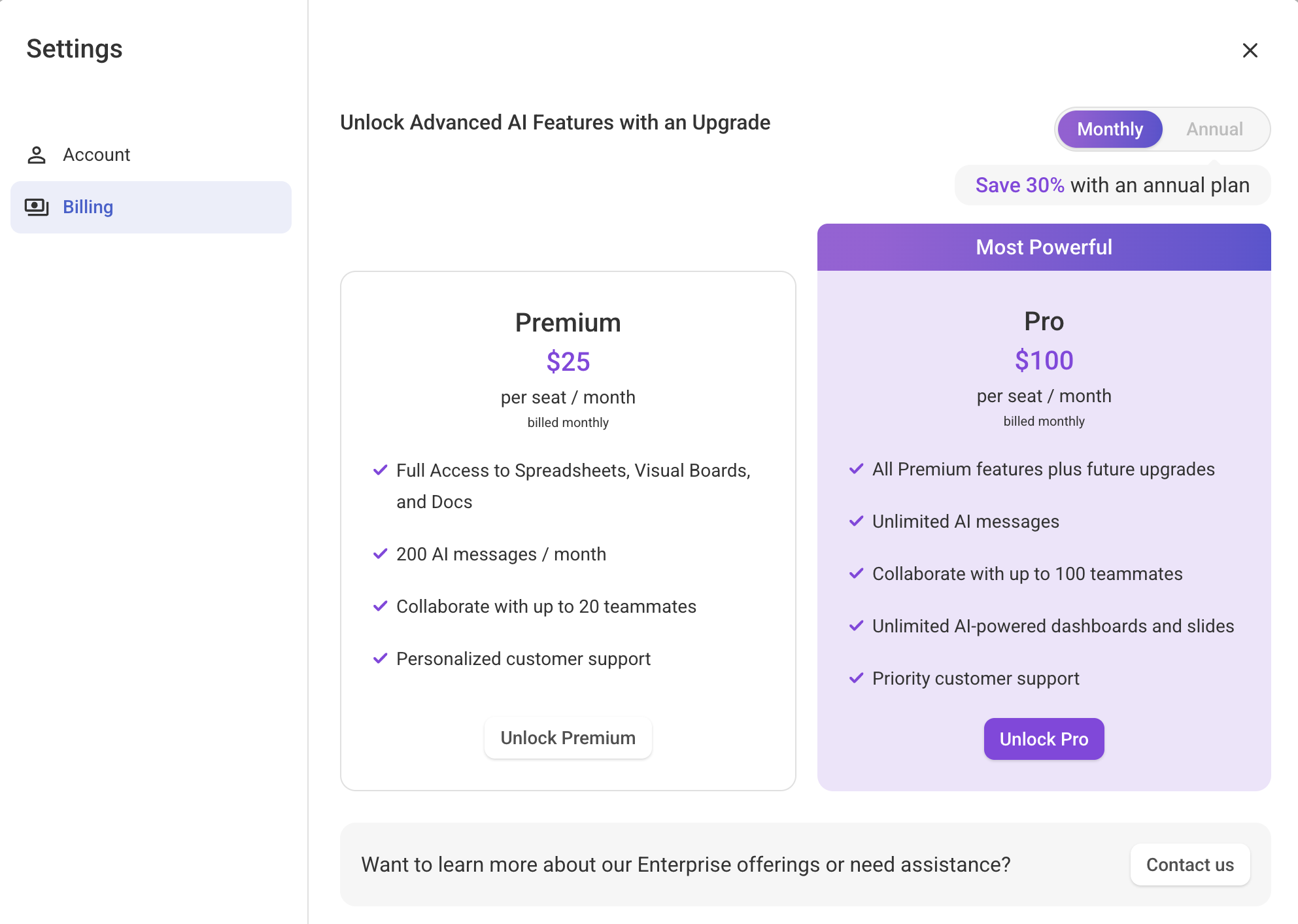 Subscription plans available in Bricks
