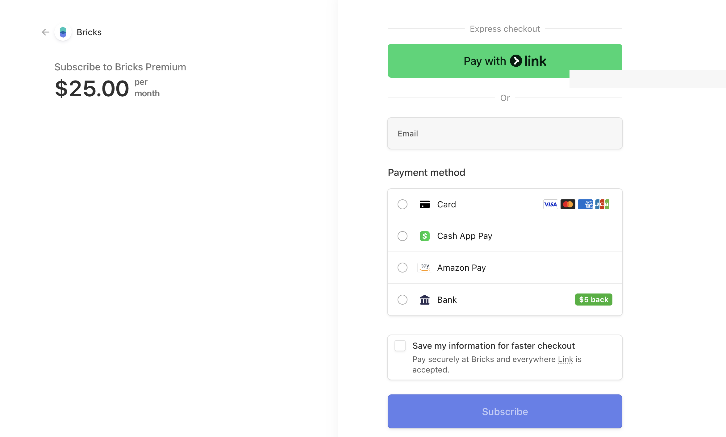 Sample payment screen of Bricks