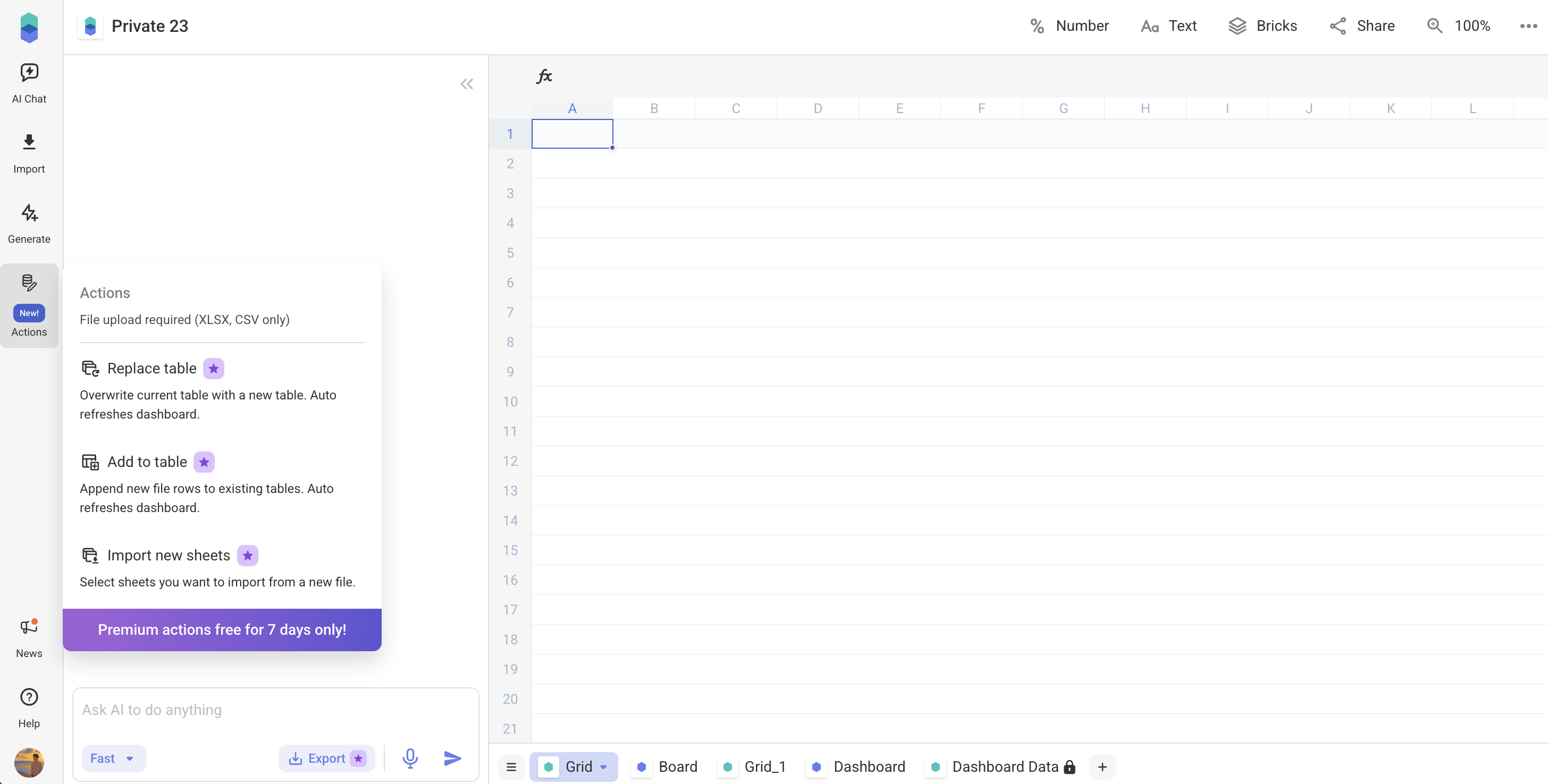 Grid Data Actions panel in Bricks