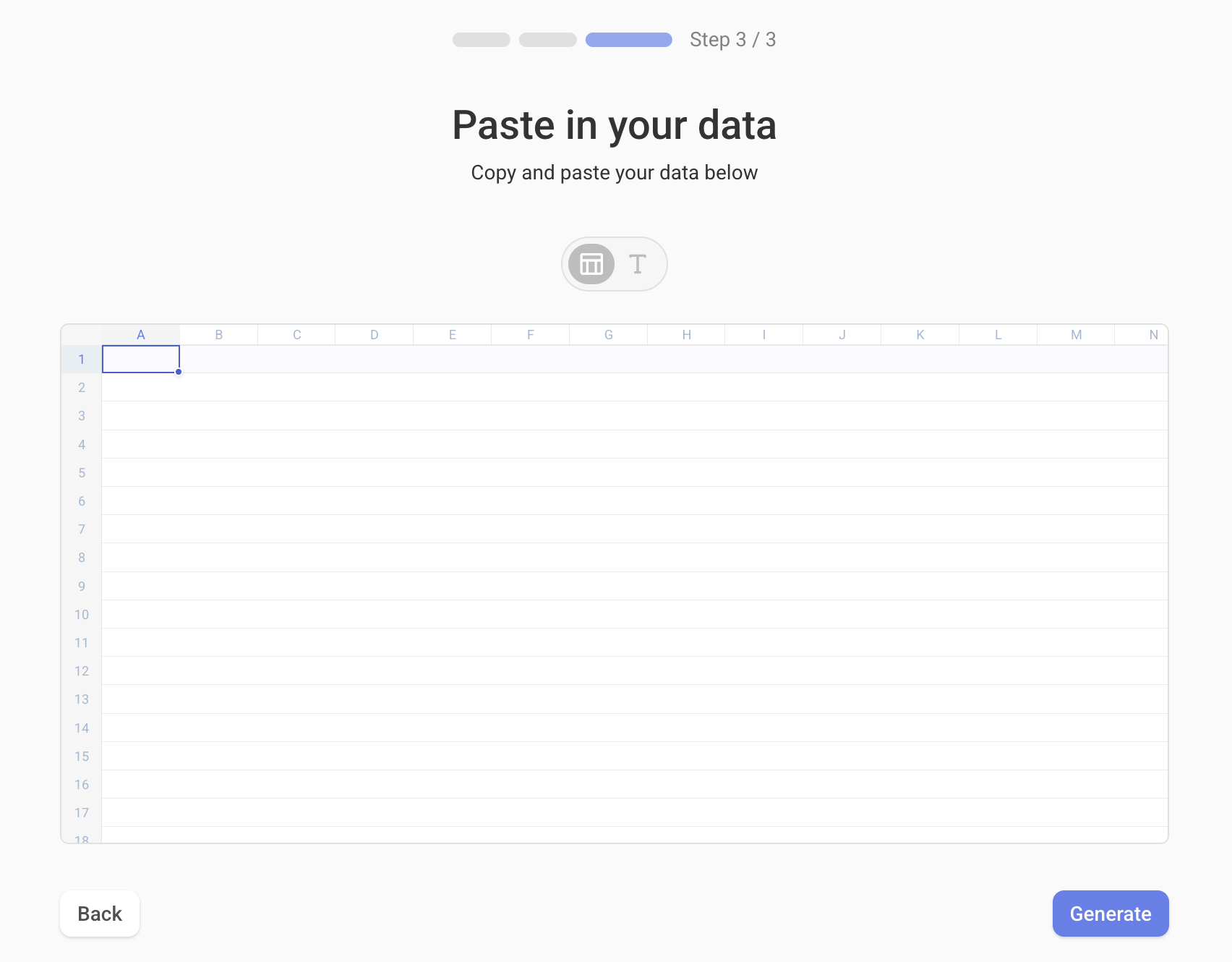 Data paste flow for dashboard generation