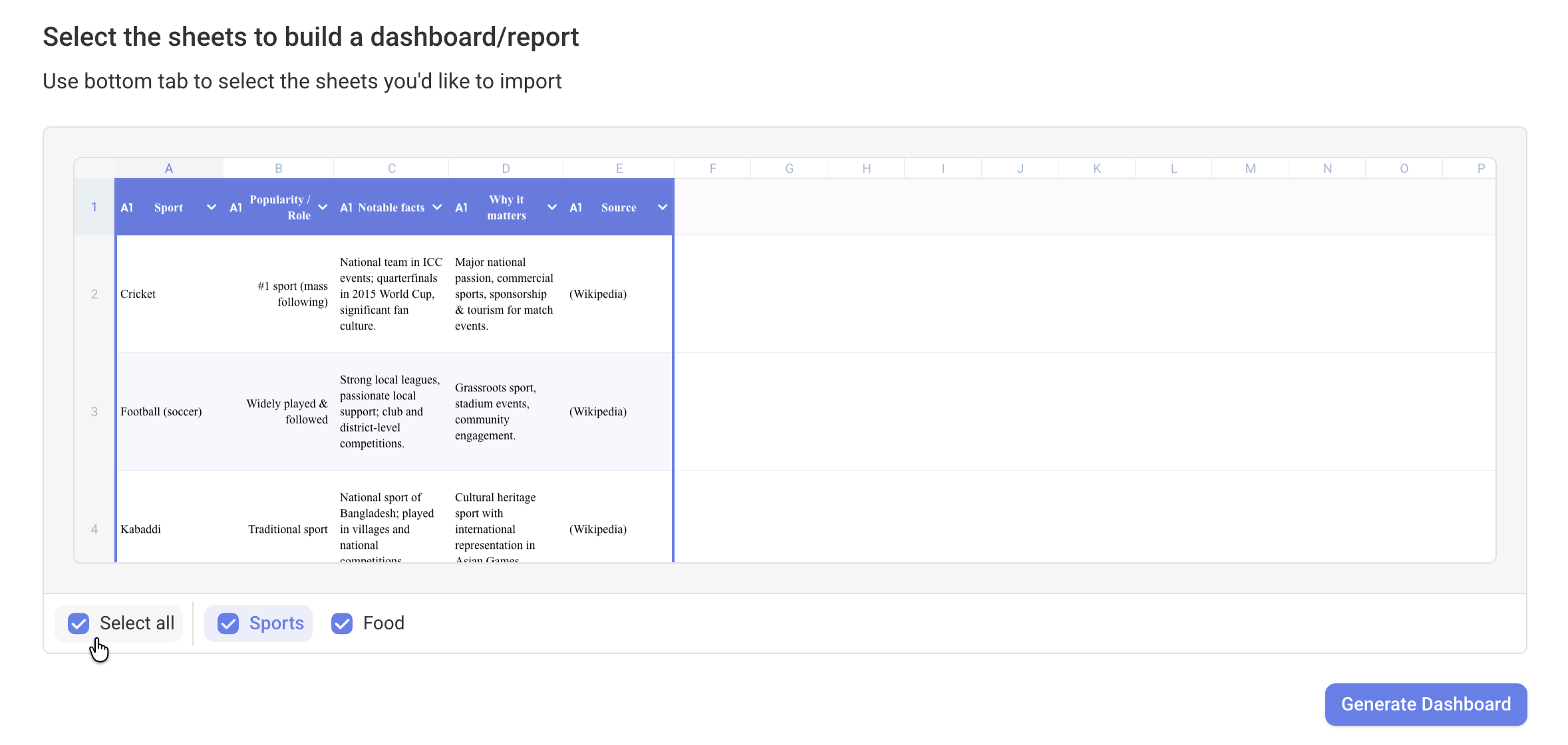 Multi-Sheet dashboard generationin Bricks