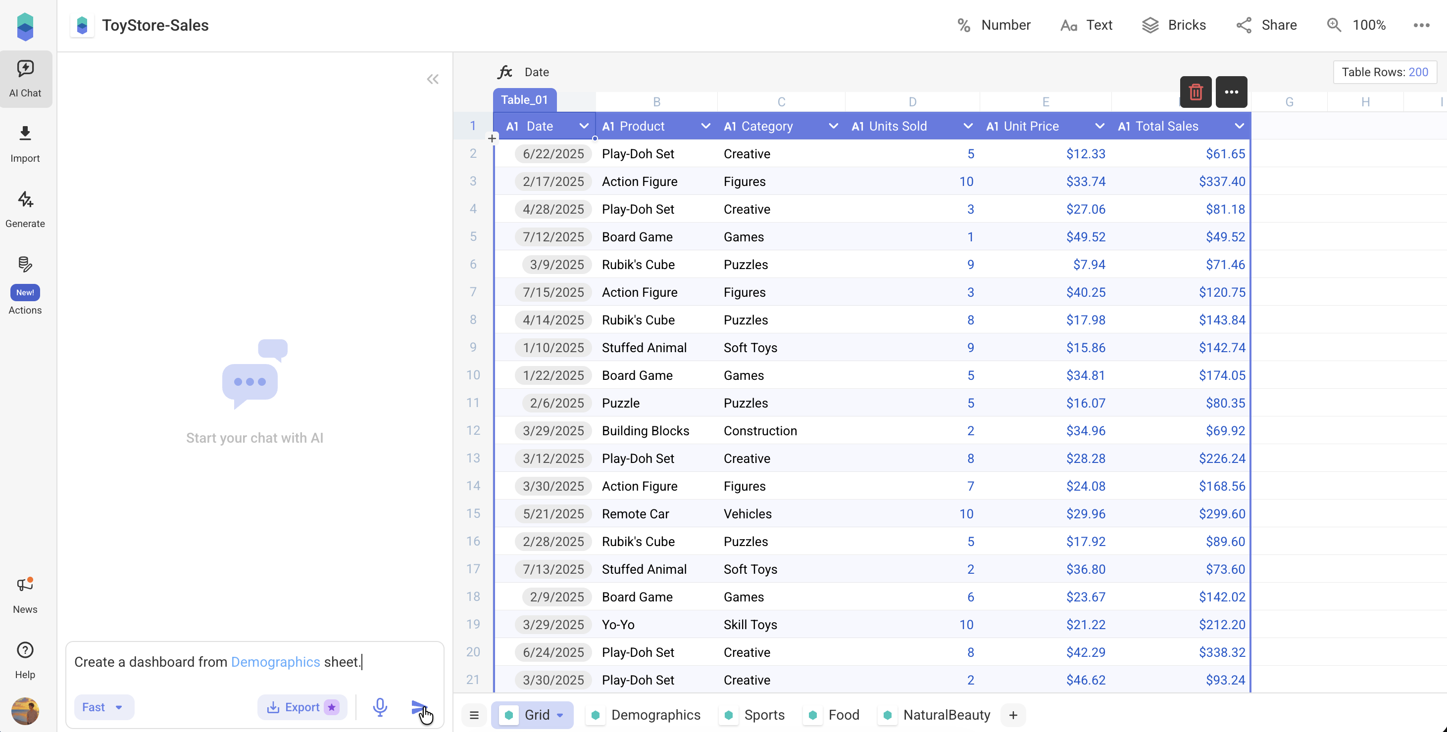Dashboard creation prompt example in Bricks
