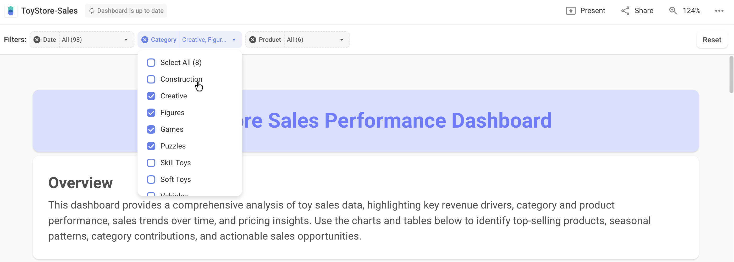 Example of dashboard filters in Bricks