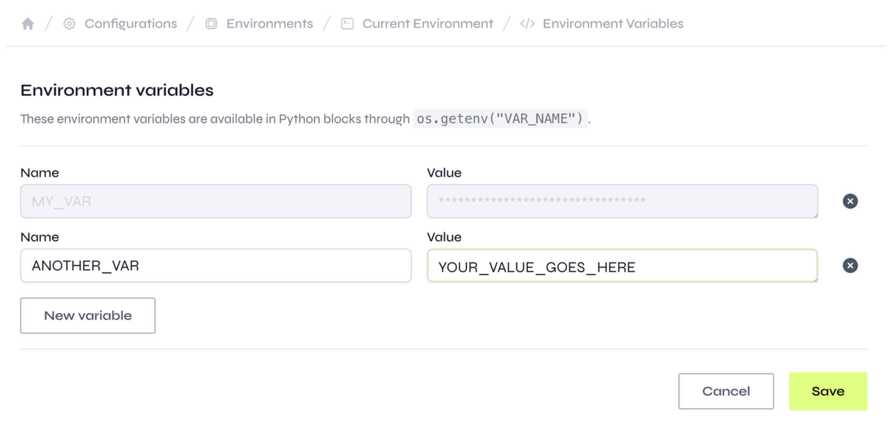 Environment variables page